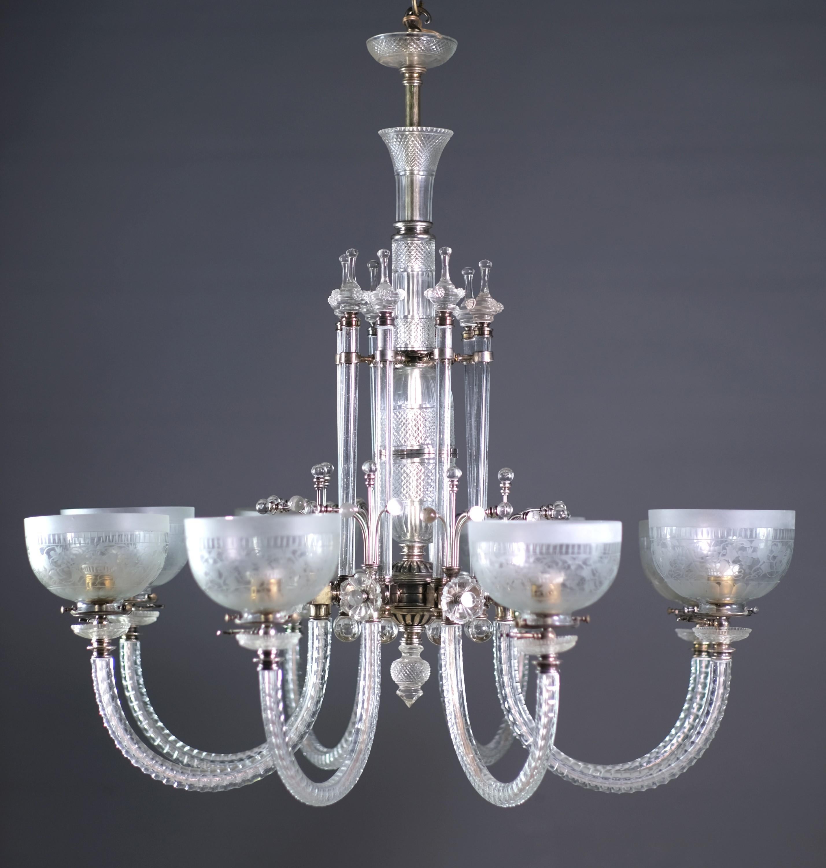 Excellent handcrafted and handmade reproduction of an Osler chandelier. Each piece is highly detailed. Both hand blown and cut crystal techniques. Each shade is etched. Complete with silver plated hardware. Please note, because of the delicacy of