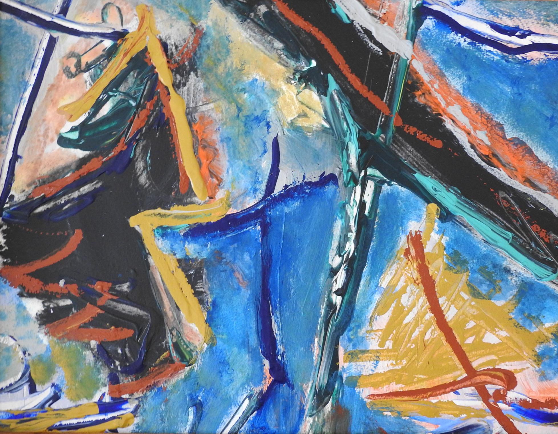 Peinture expressionniste abstraite à l'acrylique sur papier de la fin du 20e siècle en bleu, ocre, noir et rouge. Non signée. Présenté dans un cadre en bois d'époque moderne du milieu du siècle, éraflures sur le cadre.