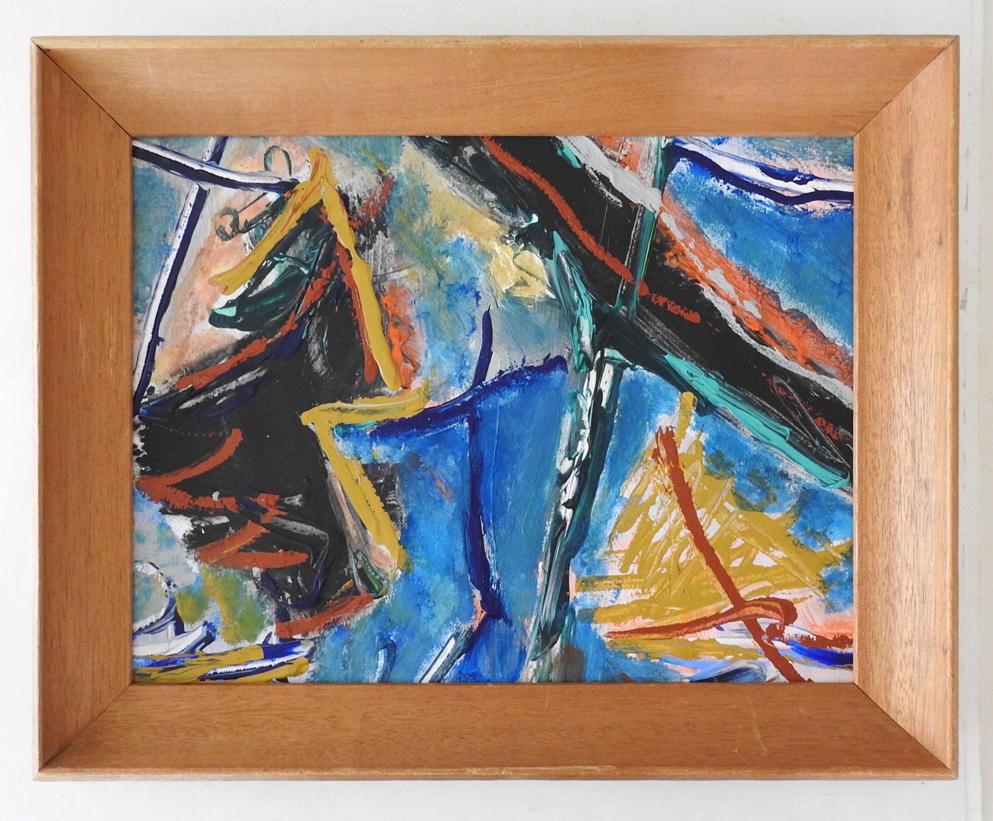 North American Late 20th Century Abstract Blue Black & Ochre Painting For Sale