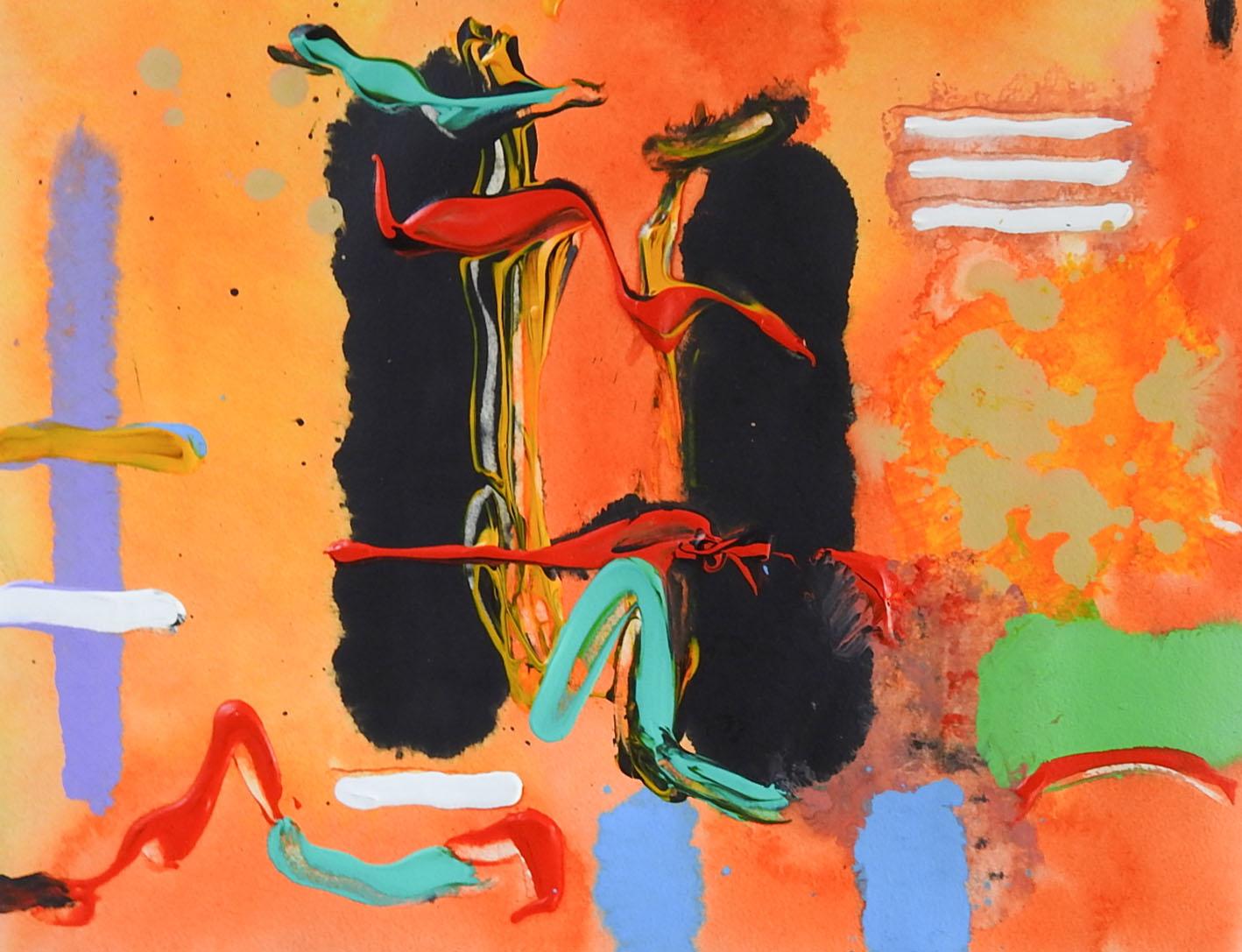 Moderne Peinture expressionniste abstraite orange et noire de la fin du 20e siècle en vente