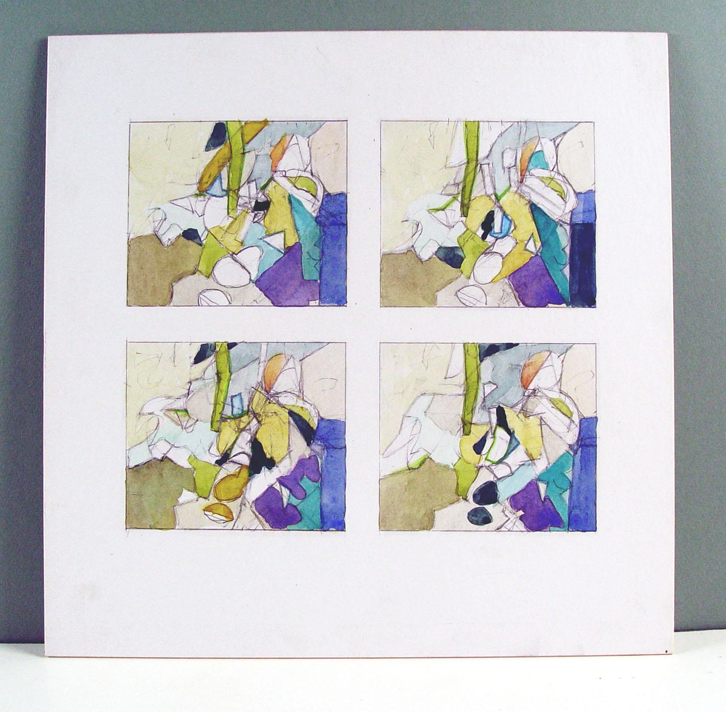 Abstrakte Gruppe von vier Aquarell- und Bleistiftstudien auf einer Künstlerplatte von Steve Hodges (20. Jahrhundert). Unsigniert, aus dem Nachlass des Künstlers. Ungerahmt. Jede Studie, 5 