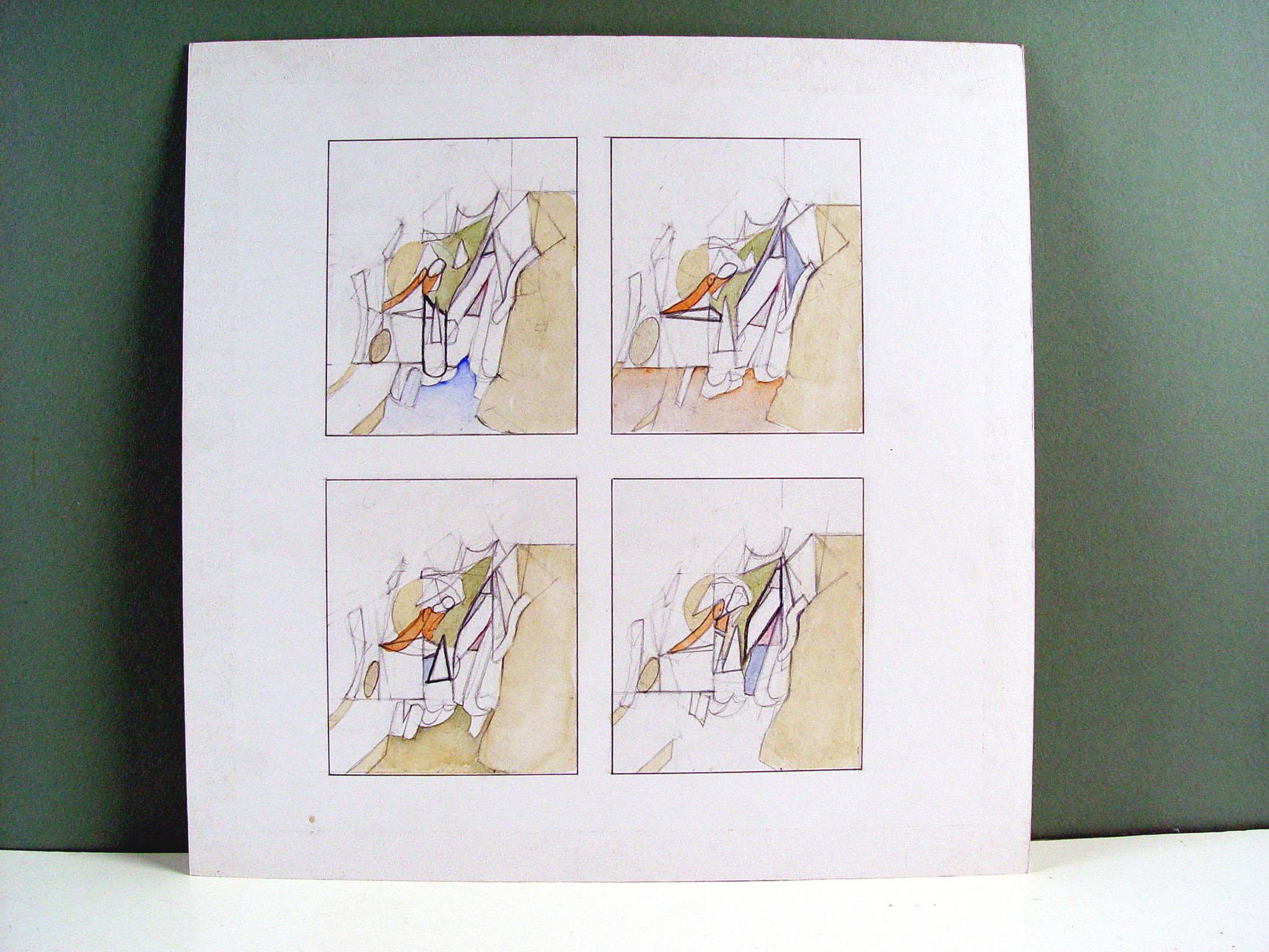 Abstract group of four muted watercolor and pencil studies on one artist board by Steve Hodges (20th century). Unsigned, from the artists estate. Unframed. Each study, Measures: 5