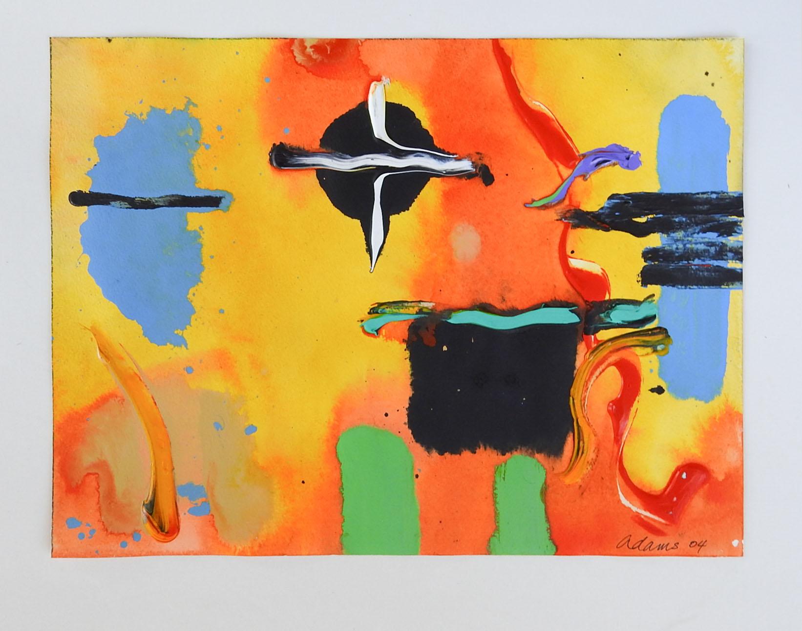 Vintage late 20th century abstract acrylic on heavy paper painting. In orange, yellow, black, blue, green, red and purple. Unsigned. Unframed.