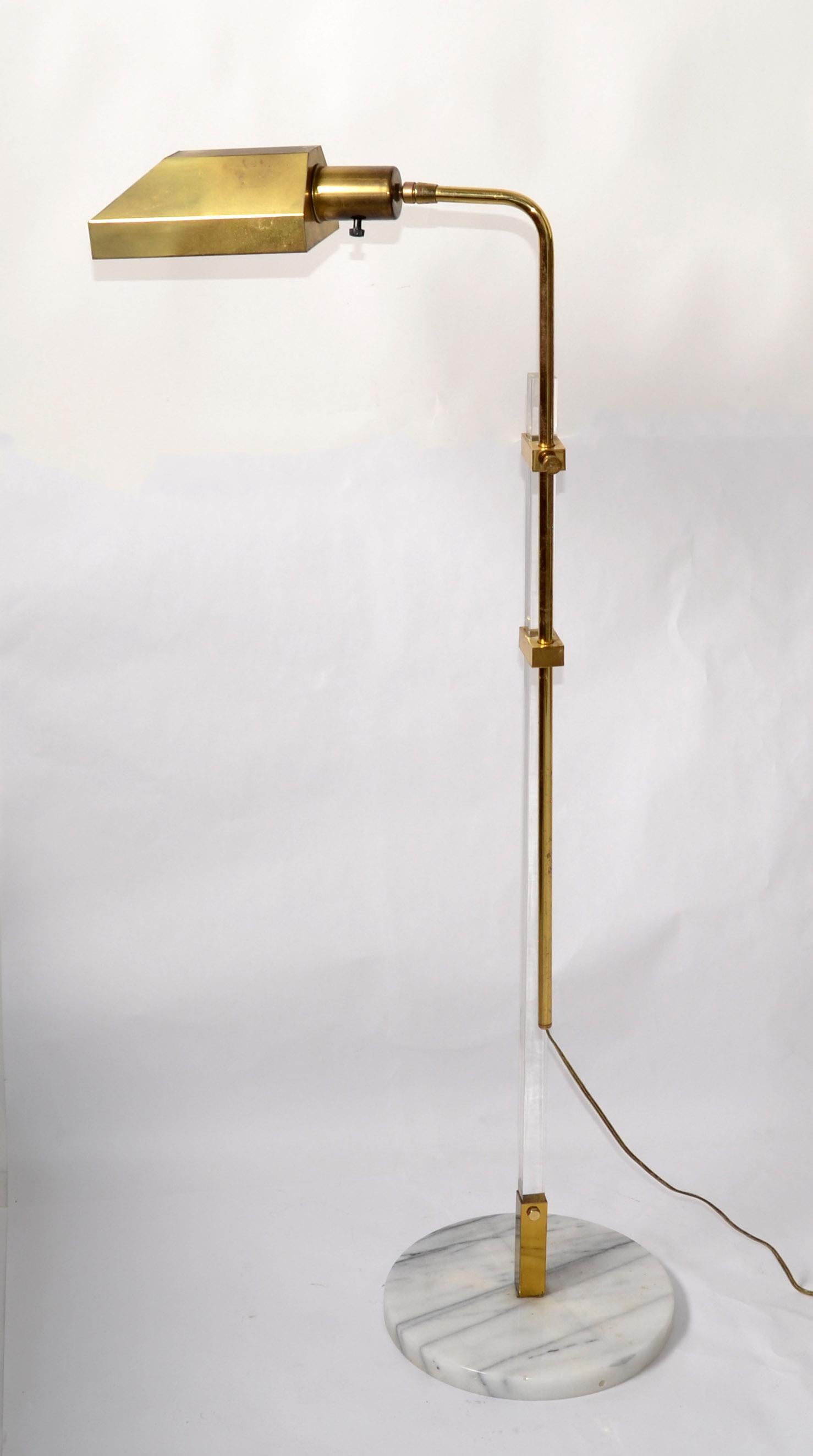 Italian Late 20th Century Adjustable Brass Lucite and Round Marble Base Floor Lamp Italy For Sale