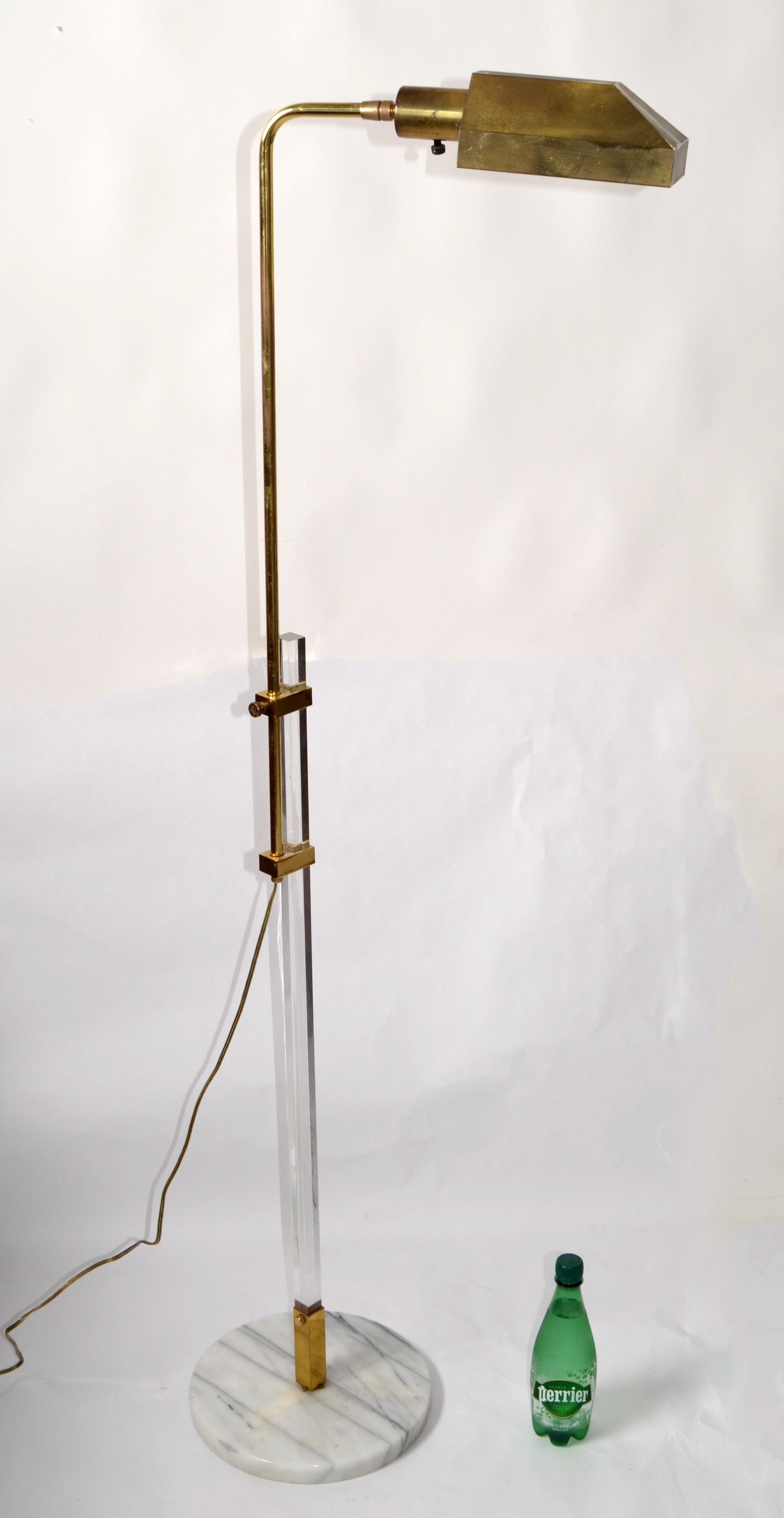 Hand-Crafted Late 20th Century Adjustable Brass Lucite and Round Marble Base Floor Lamp Italy For Sale