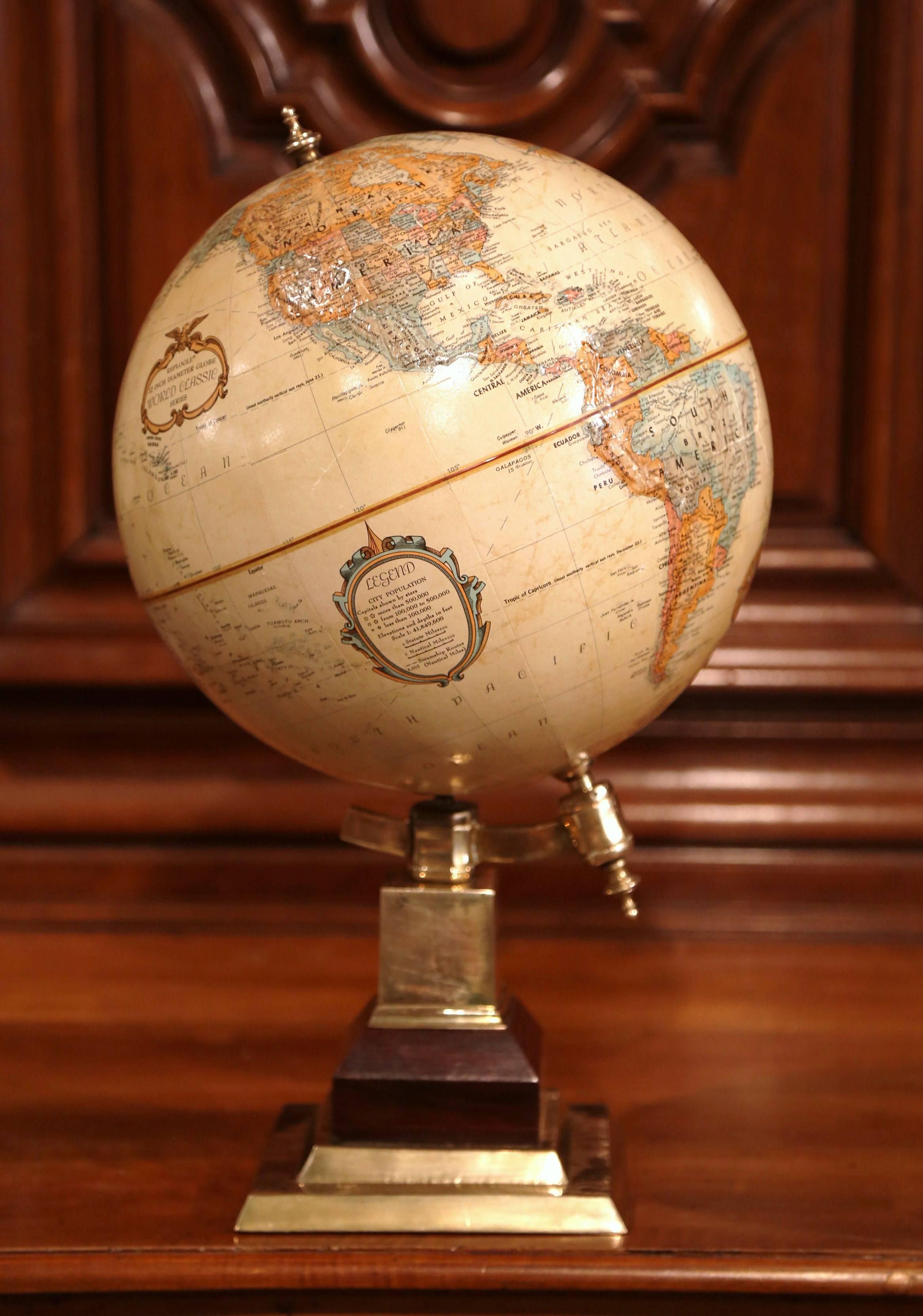 Late 20th Century American Terrestrial Globe on Brass Base by Leroy M. Tolman In Excellent Condition In Dallas, TX