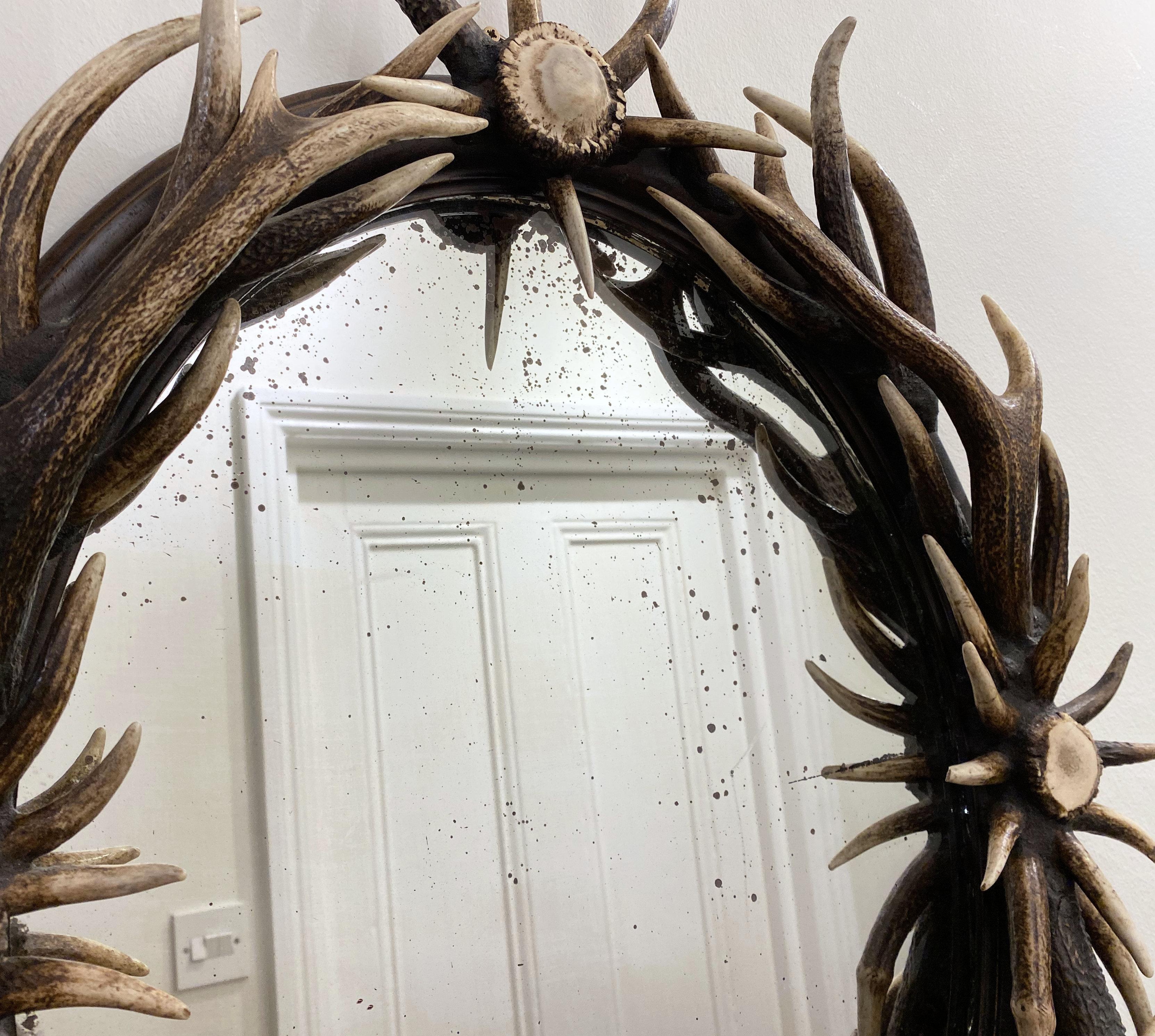 British Late 20th Century Antler Wall Mirror with Antique Glass