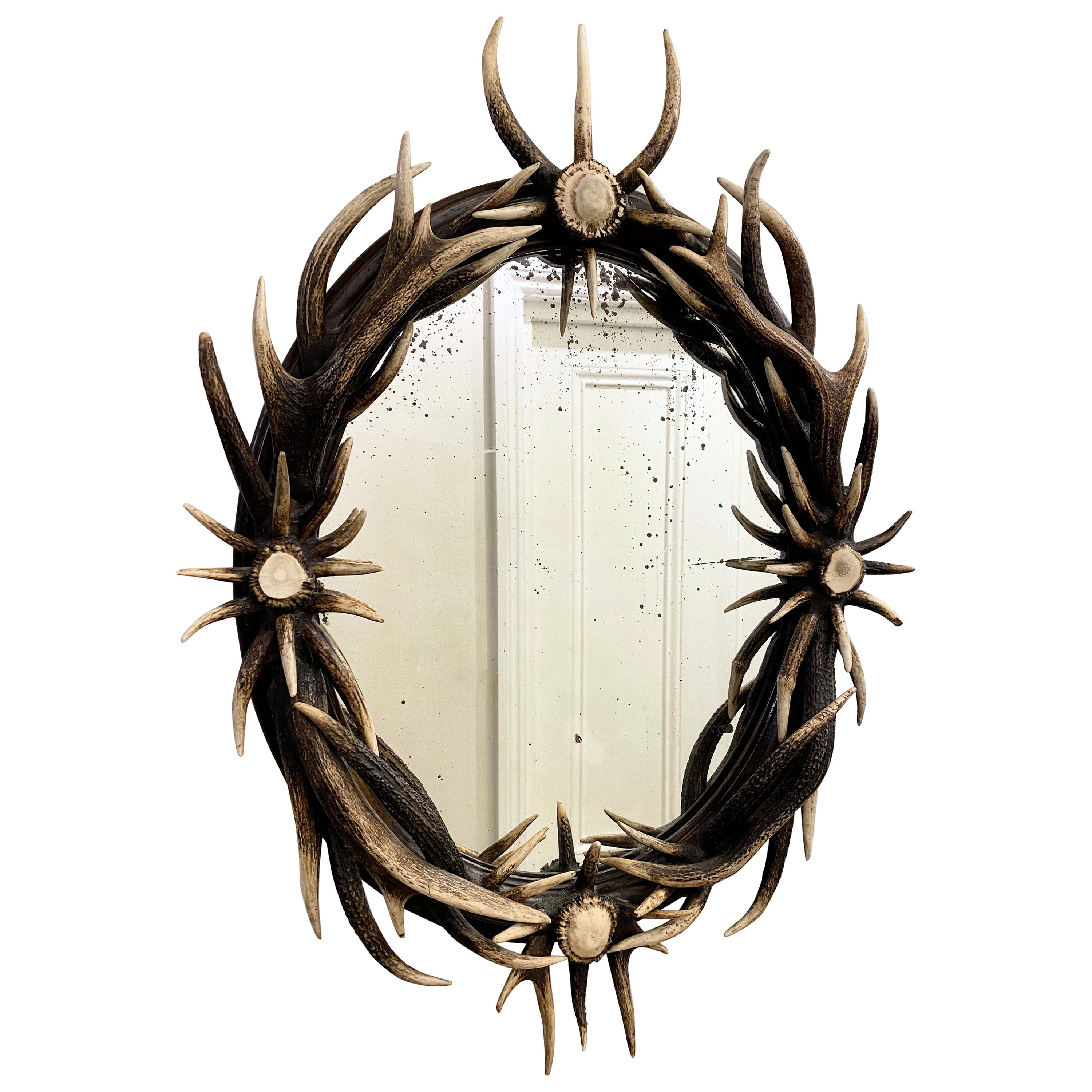 Late 20th Century Antler Wall Mirror with Antique Glass