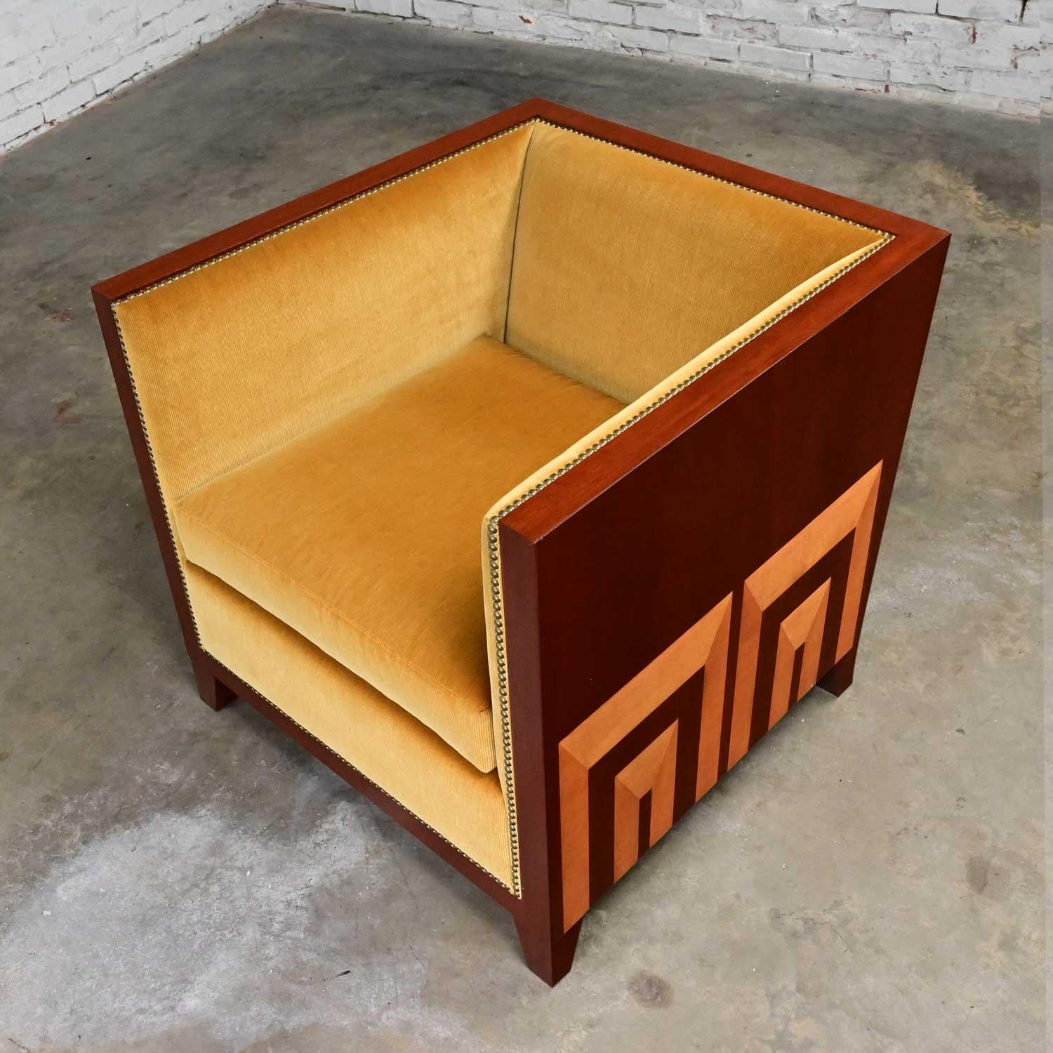 Fabulous vintage Art Deco Revival custom two-toned mahogany cube club chairs made by Rialto & designed by Zlata Pericic for Meca Design & Production, 8 available, selling separately. Comprised of mahogany frames and they are wearing their original
