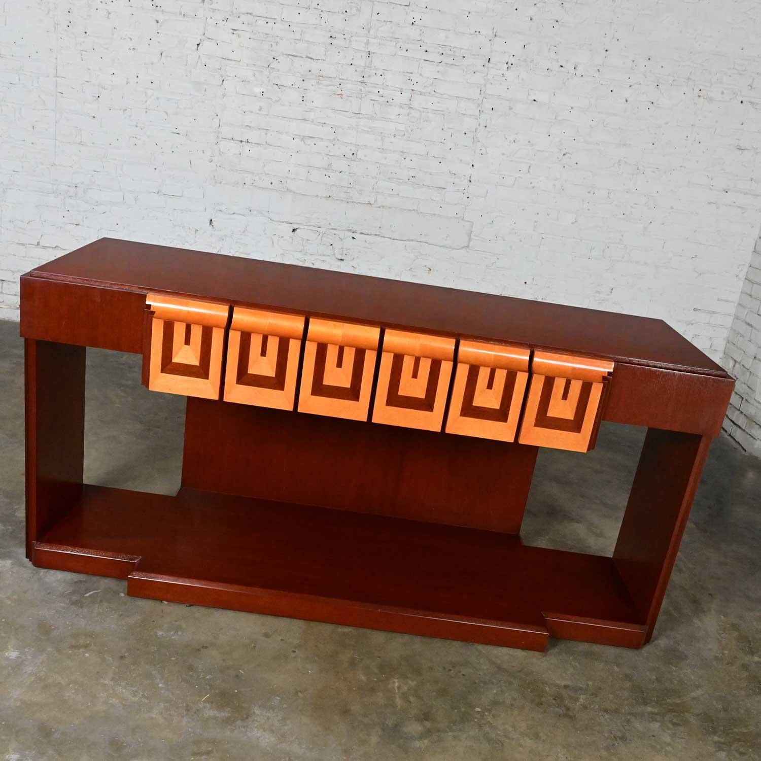 Superb vintage Art Deco Revival custom two-toned mahogany credenza or console made by Rialto & designed by Zlata Pericic for Meca Design & Production. Beautiful condition, keeping in mind that this is vintage and not new so will have signs of use