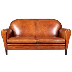 Late 20th Century Art Deco Style Dutch Two Seater Sheepskin Leather Sofa