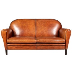 Late 20th Century Art Deco Style Dutch Two Seater Sheepskin Leather Sofa