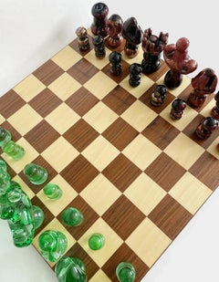 Late 20th Century Art Glass Murano Attributed Chess Set and Inlaid Wood Board
