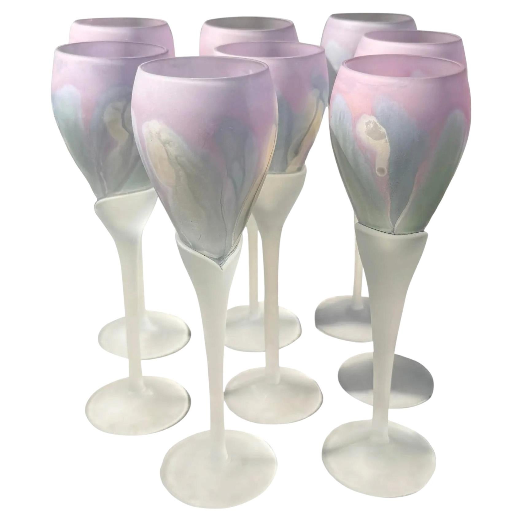 Late 20th Century Art Nouveau Hand Painted Wine Glasses by Reuven Set of 8