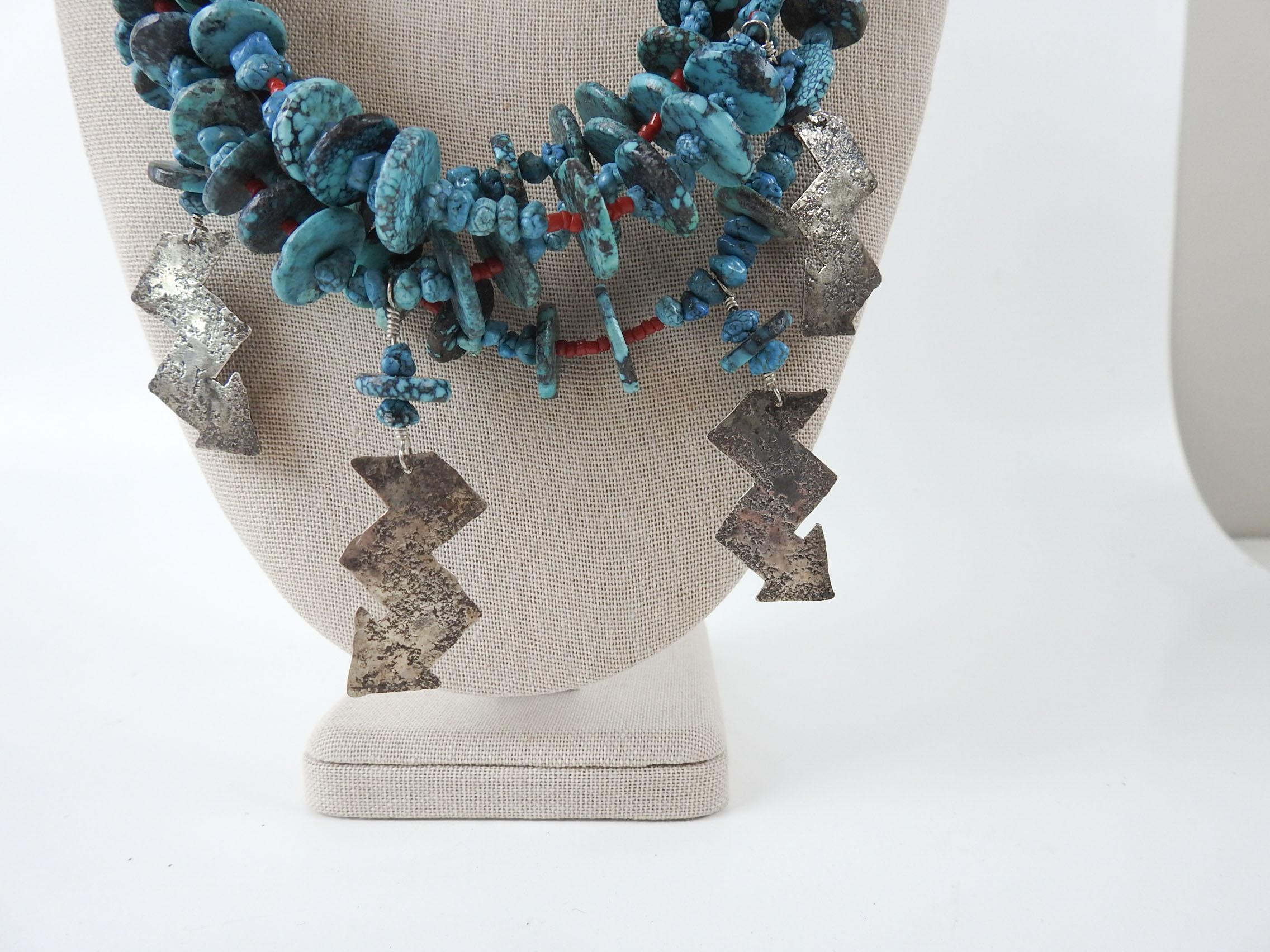 Bohemian Late 20th Century Artist Studio Turquoise Sterling Silver Necklace & Earrings For Sale