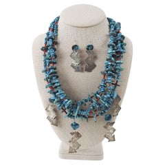 Late 20th Century Artist Studio Turquoise Sterling Silver Necklace 
Earrings