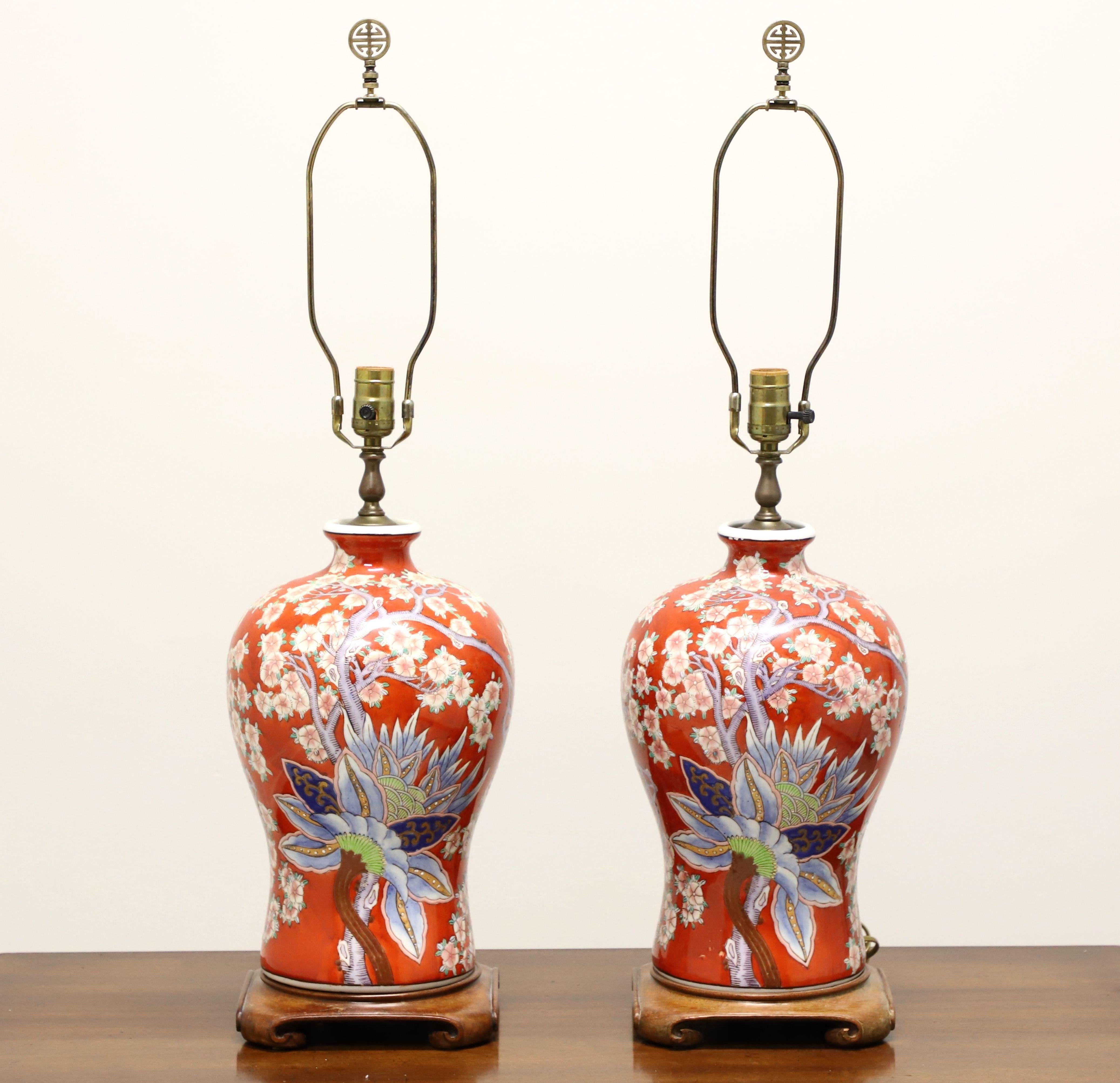 Late 20th Century Asian Chinoiserie Red Cherry Blossom Table Lamps - Pair 6