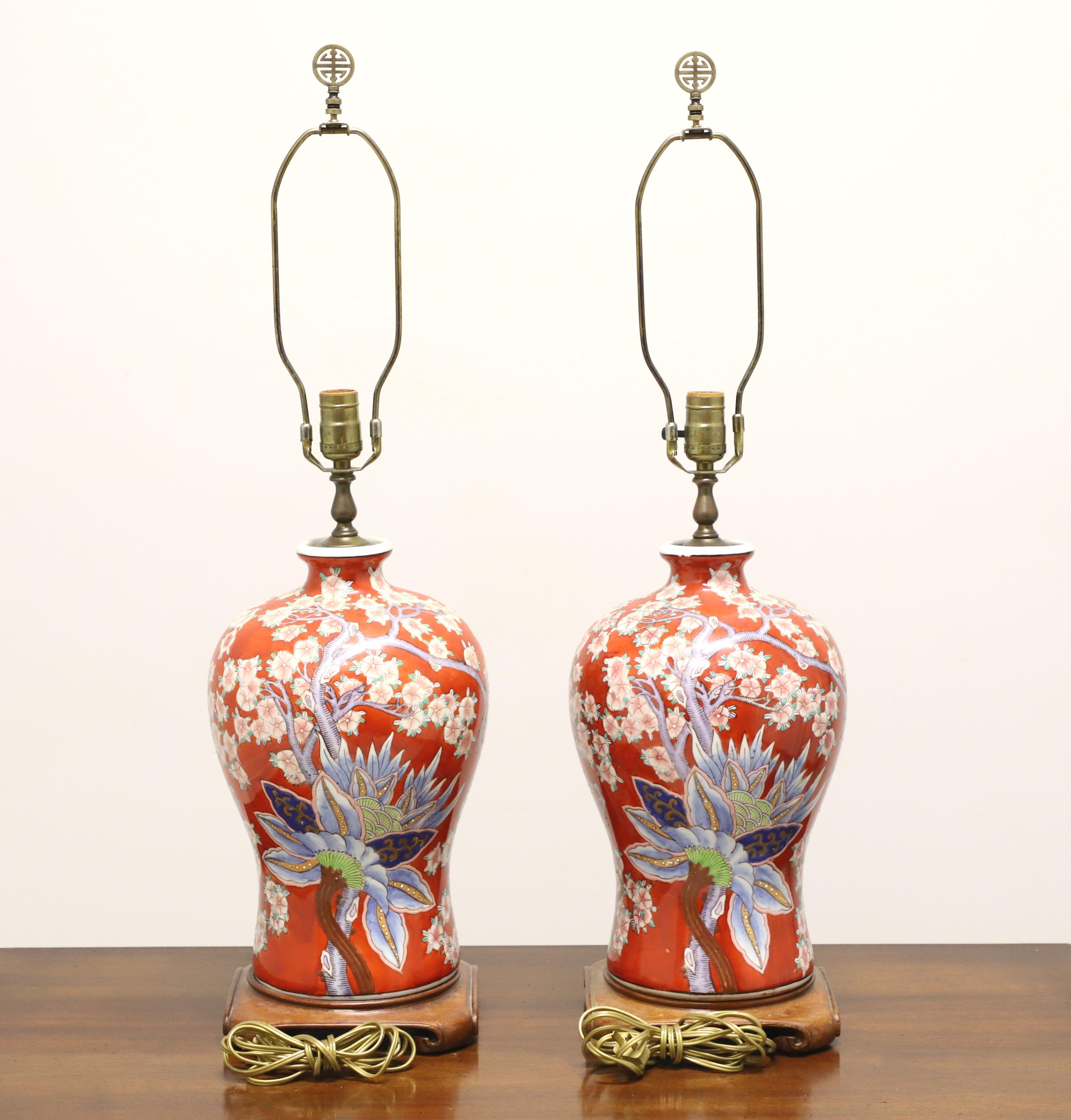 Late 20th Century Asian Chinoiserie Red Cherry Blossom Table Lamps - Pair In Good Condition In Charlotte, NC