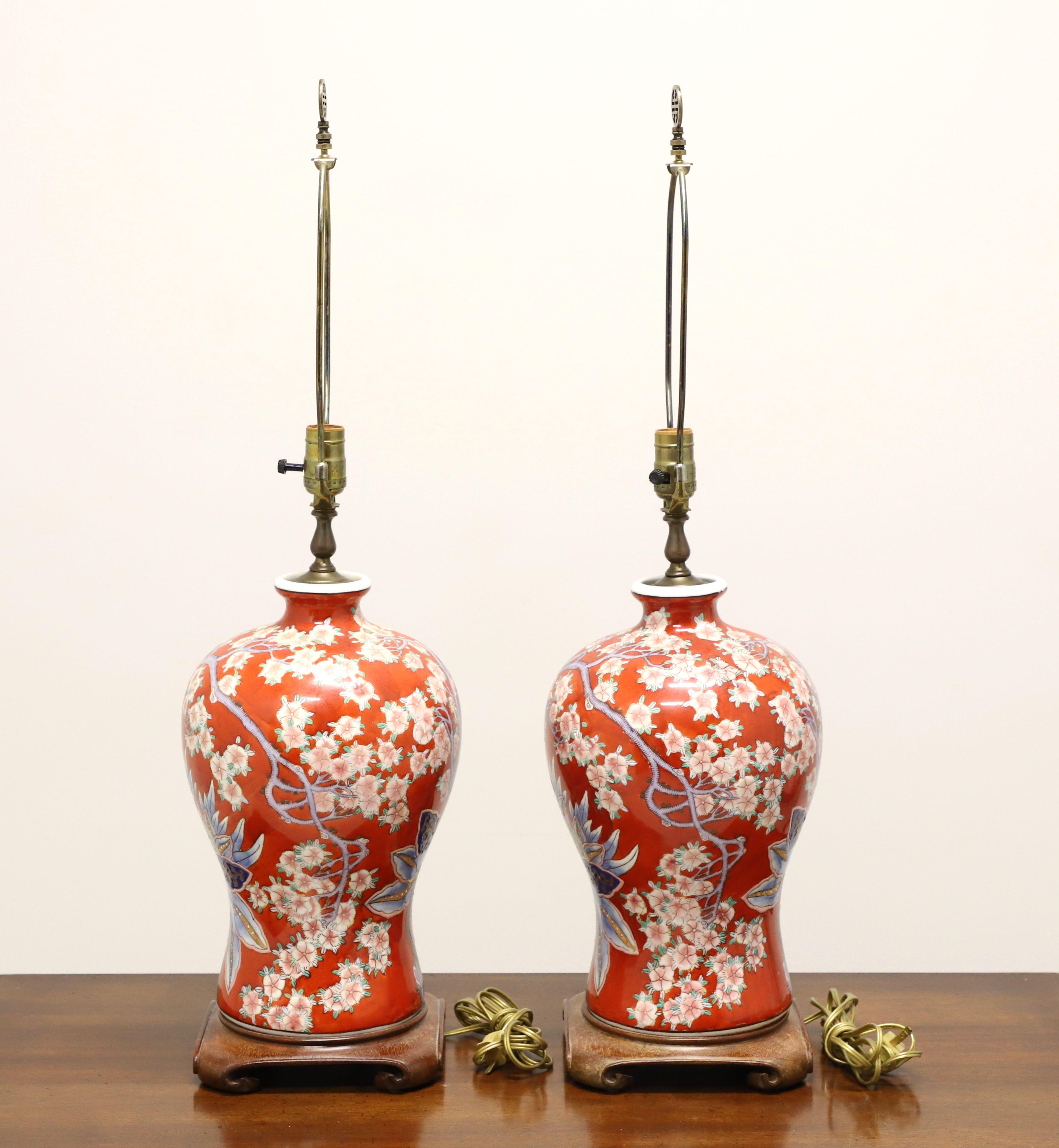 Porcelain Late 20th Century Asian Chinoiserie Red Cherry Blossom Table Lamps - Pair