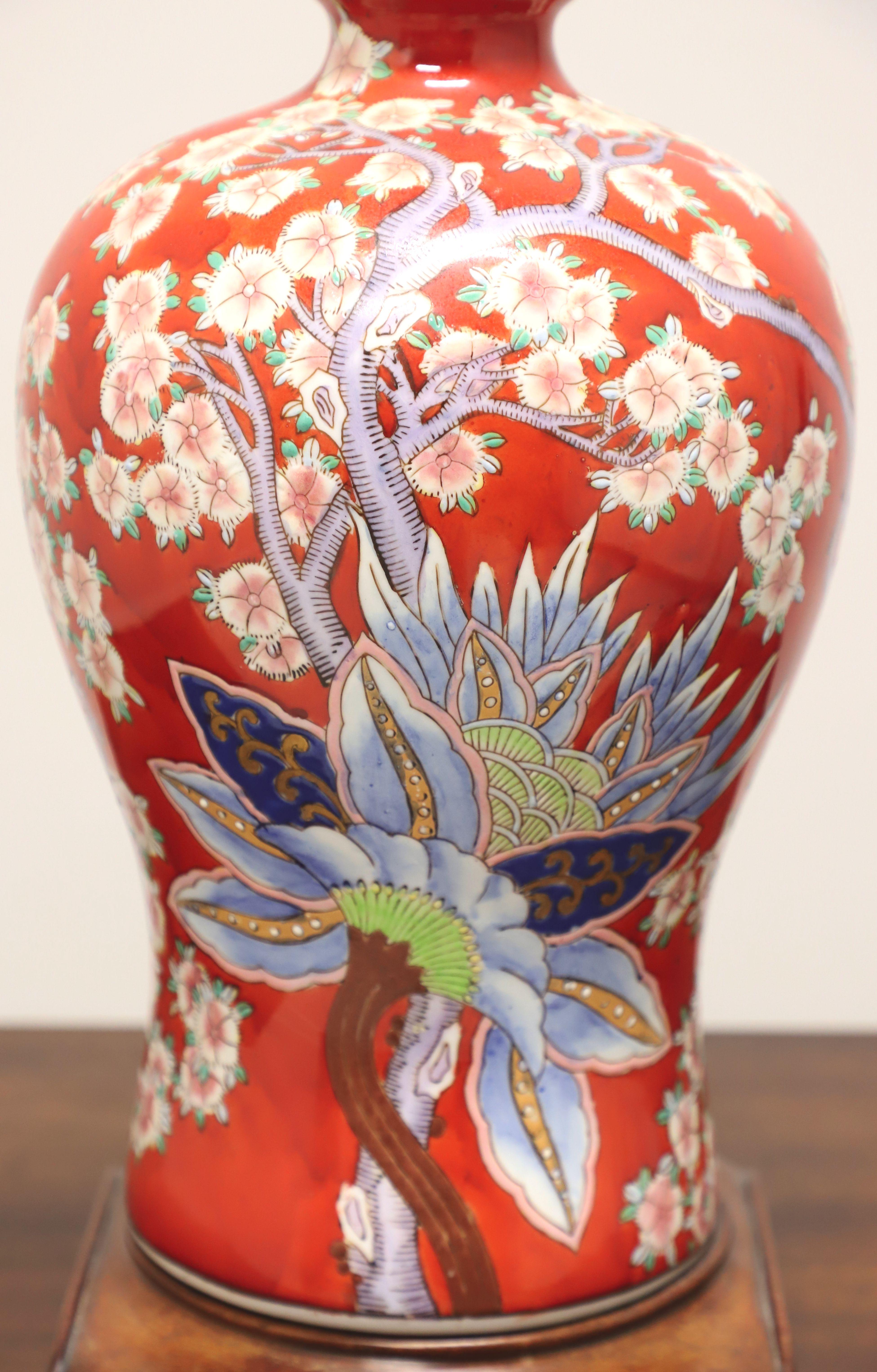 Late 20th Century Asian Chinoiserie Red Cherry Blossom Table Lamps - Pair 2
