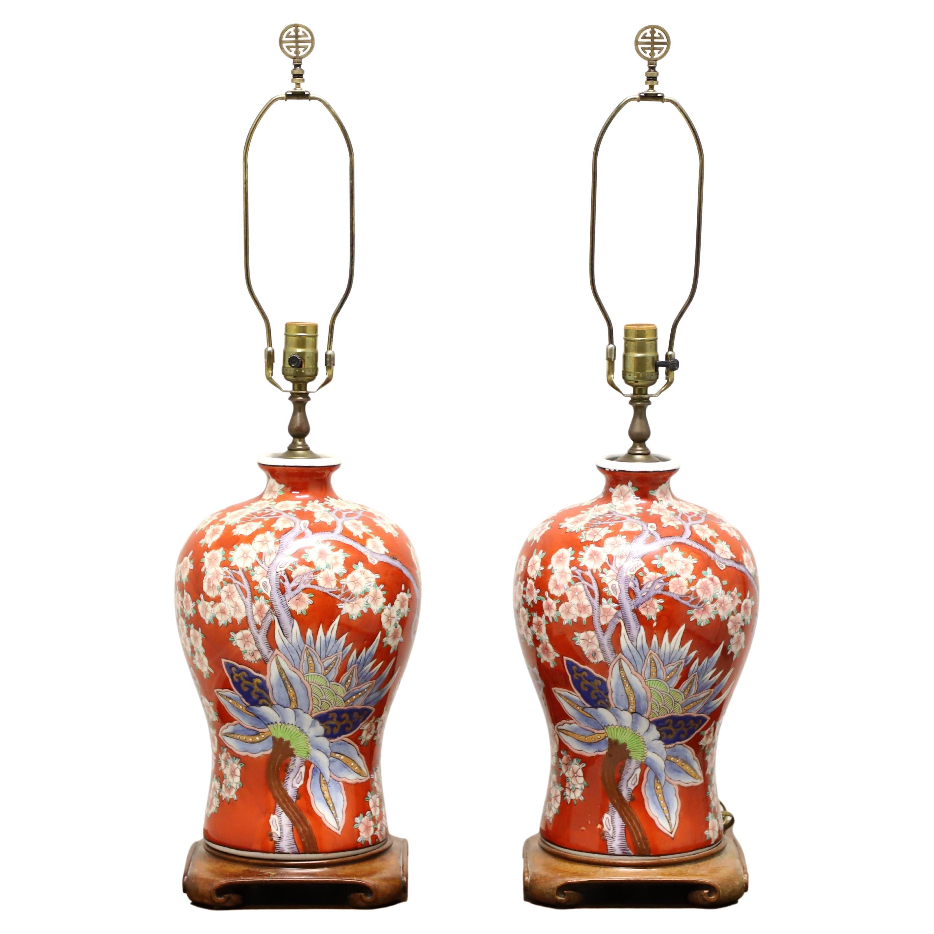 Late 20th Century Asian Chinoiserie Red Cherry Blossom Table Lamps - Pair
