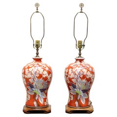 Vintage Late 20th Century Asian Chinoiserie Red Cherry Blossom Table Lamps - Pair