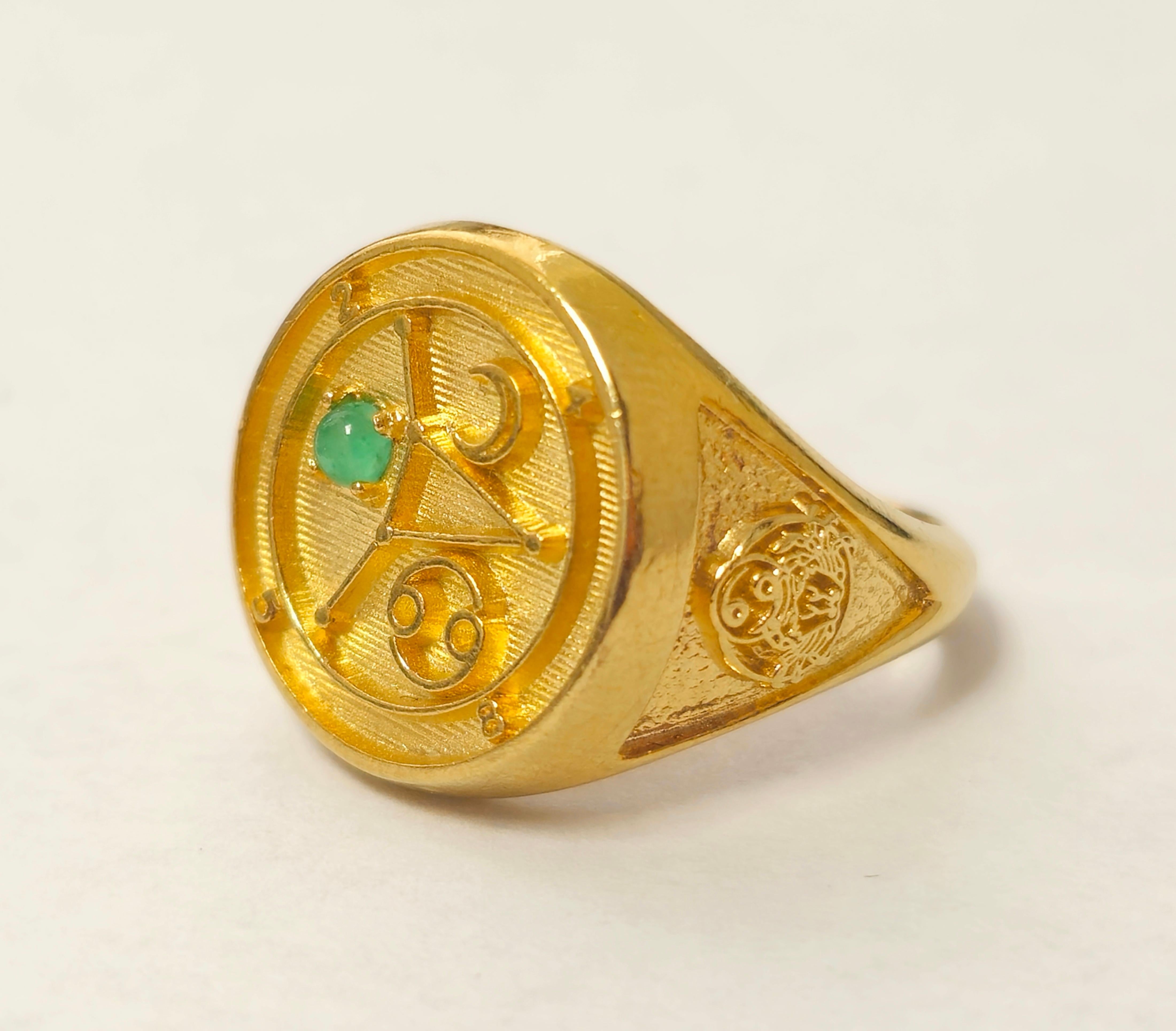 Medieval Late 20th Century Astrology Motif Emerald Ring 14k Gold  For Sale