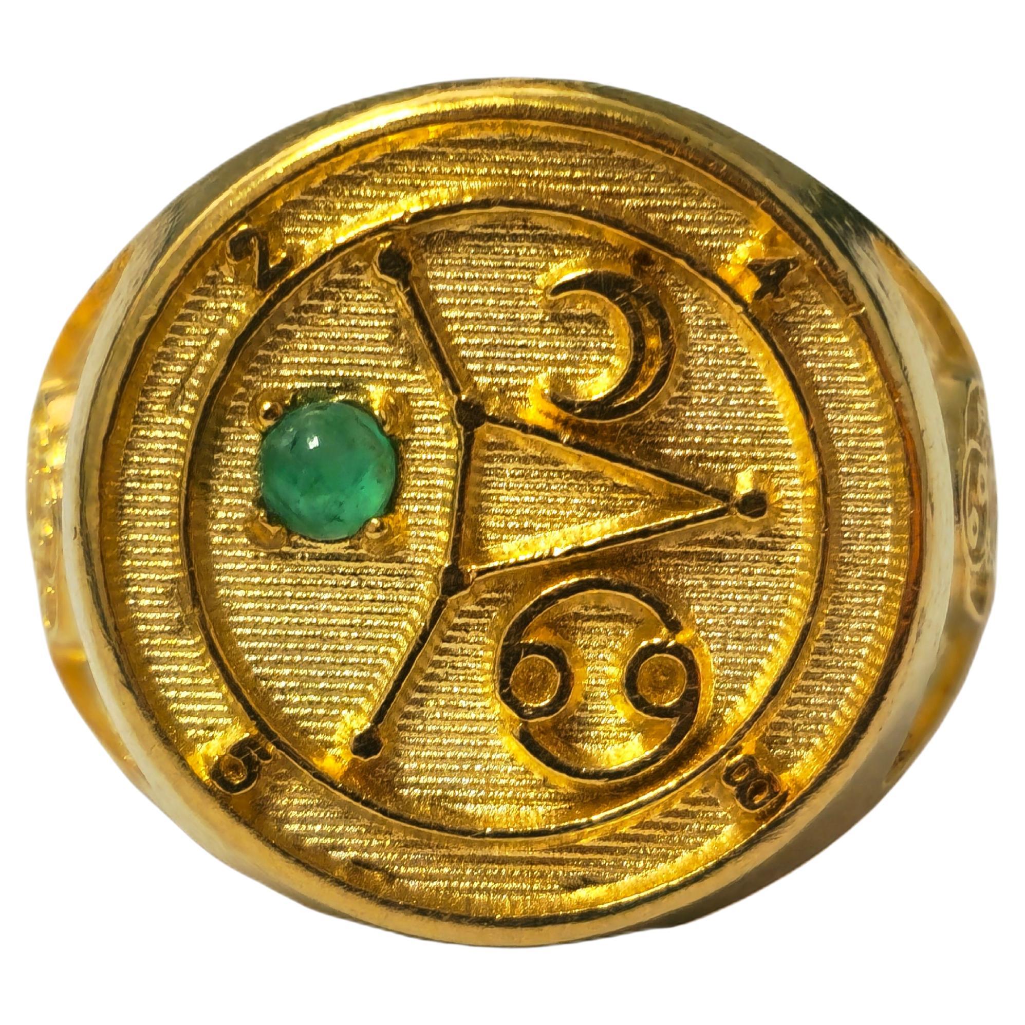 Late 20th Century Astrology Motif Emerald Ring 14k Gold  For Sale