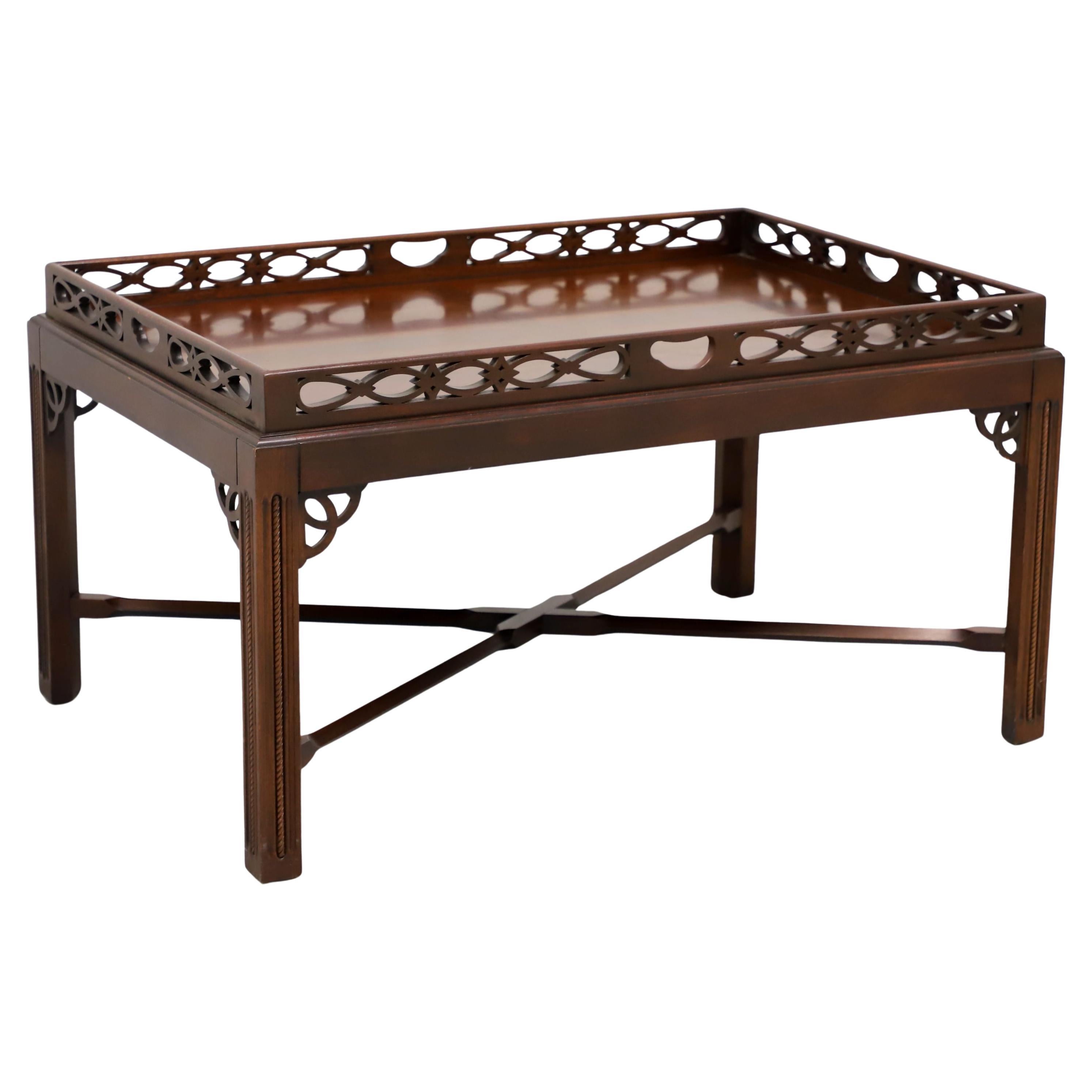 Late 20th Century Banded Mahogany Chippendale Coffee Table with Fretwork Gallery For Sale
