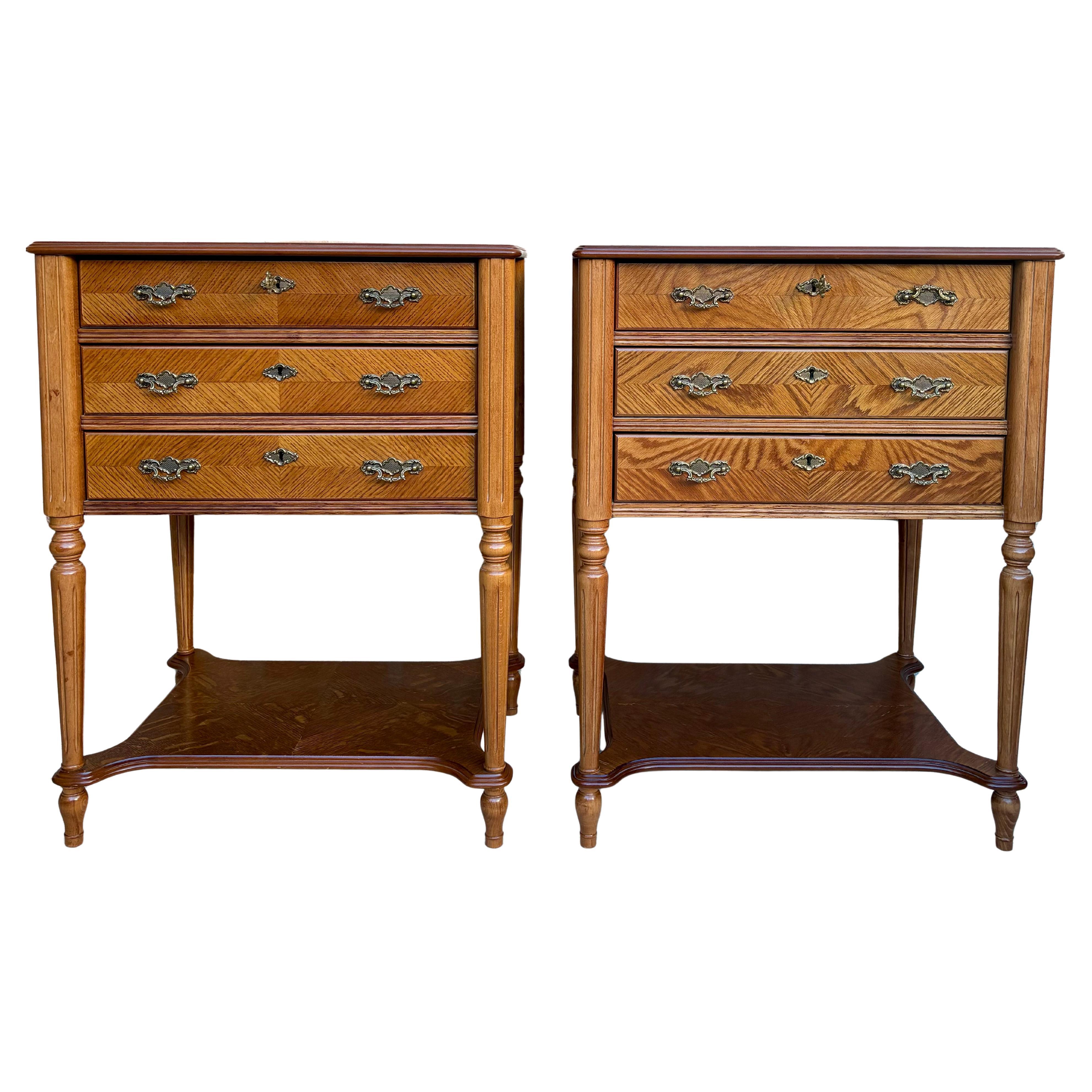 Late 20th Century Bedside Tables or Nightstands with Three Drawers and Open Shel