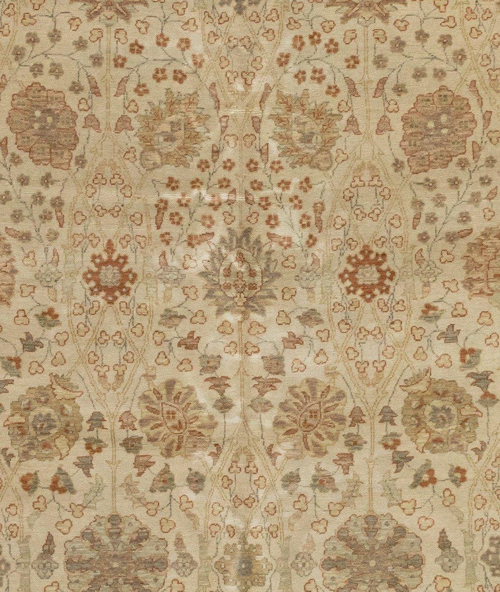 Oushak Late 20th Century Beige Ivory Light Brown Floral Area Rug Persian Tabriz Design For Sale