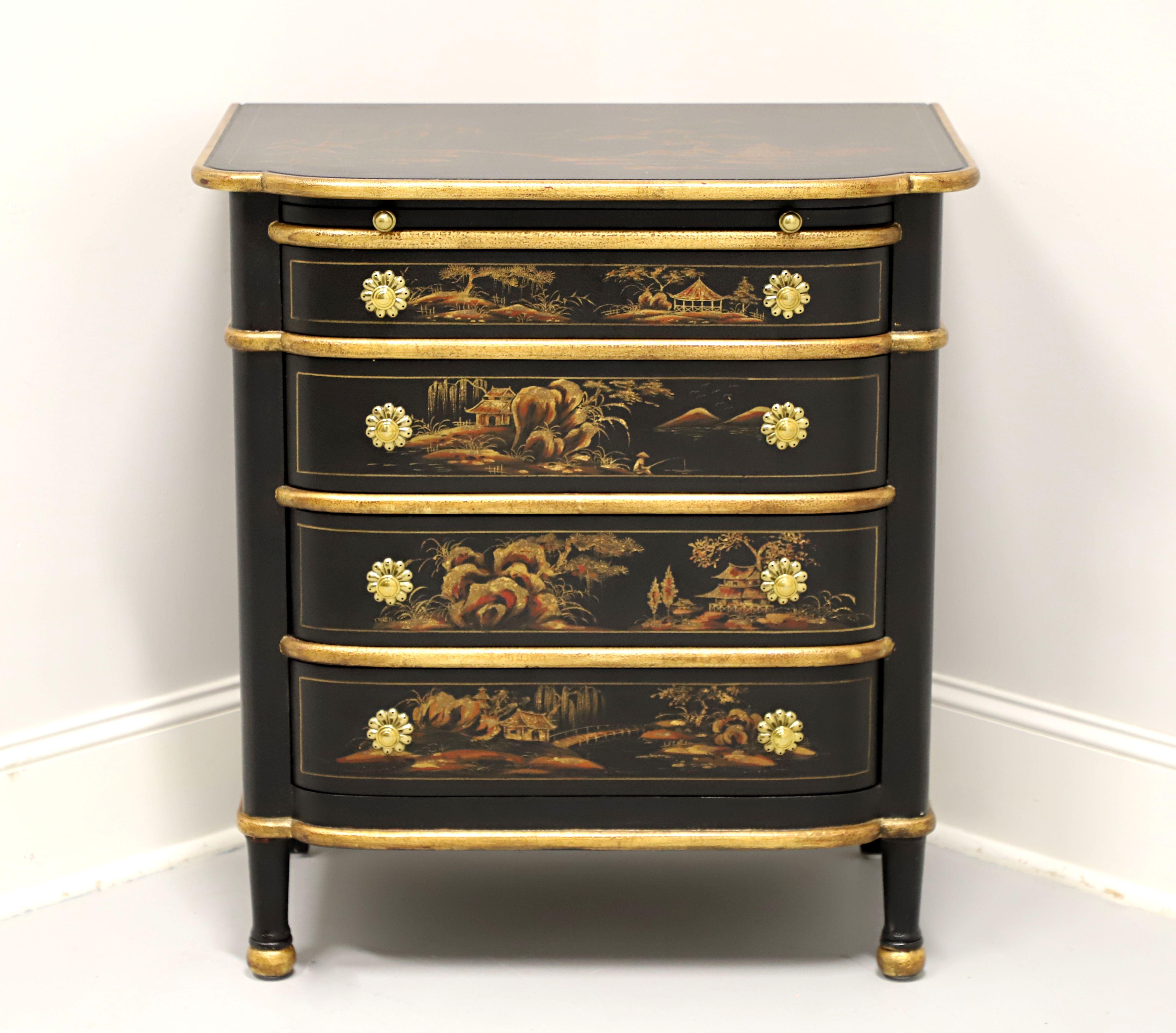 An Asian Chinoiserie style bedside chest, unbranded, similar in quality to Maitland Smith. Solid wood with a textured finish painted black, hand painted Chinoiserie scenes with gold accents, bullnose edge to top with hand painted Chinoiserie scene,