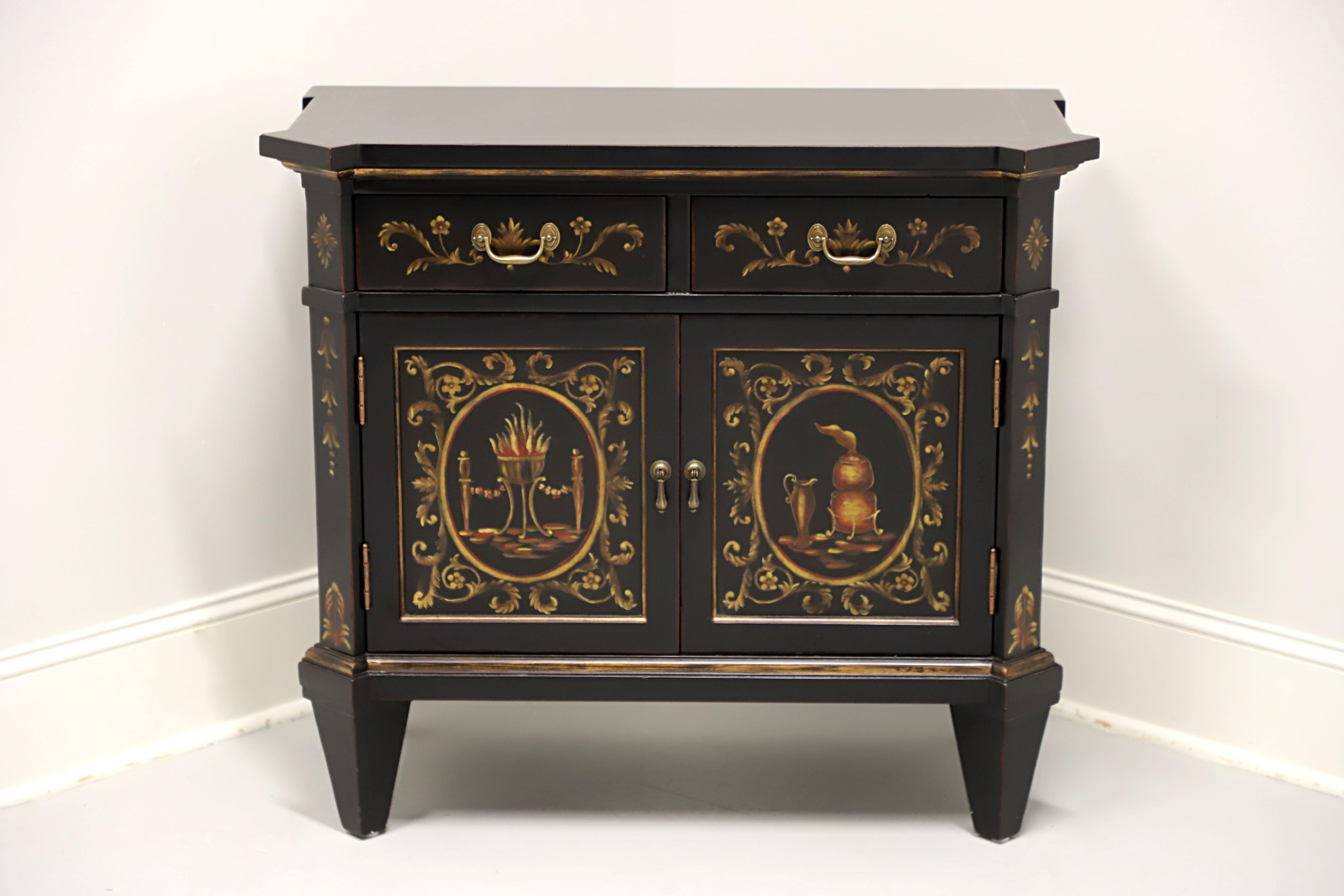 A French Louis XVI style console cabinet, unbranded, similar in quality to Century. Solid hardwood painted black with slight distressing to lend the appear of age, hand painted with scenes in shades of gold & red, gold painted stringing to top,