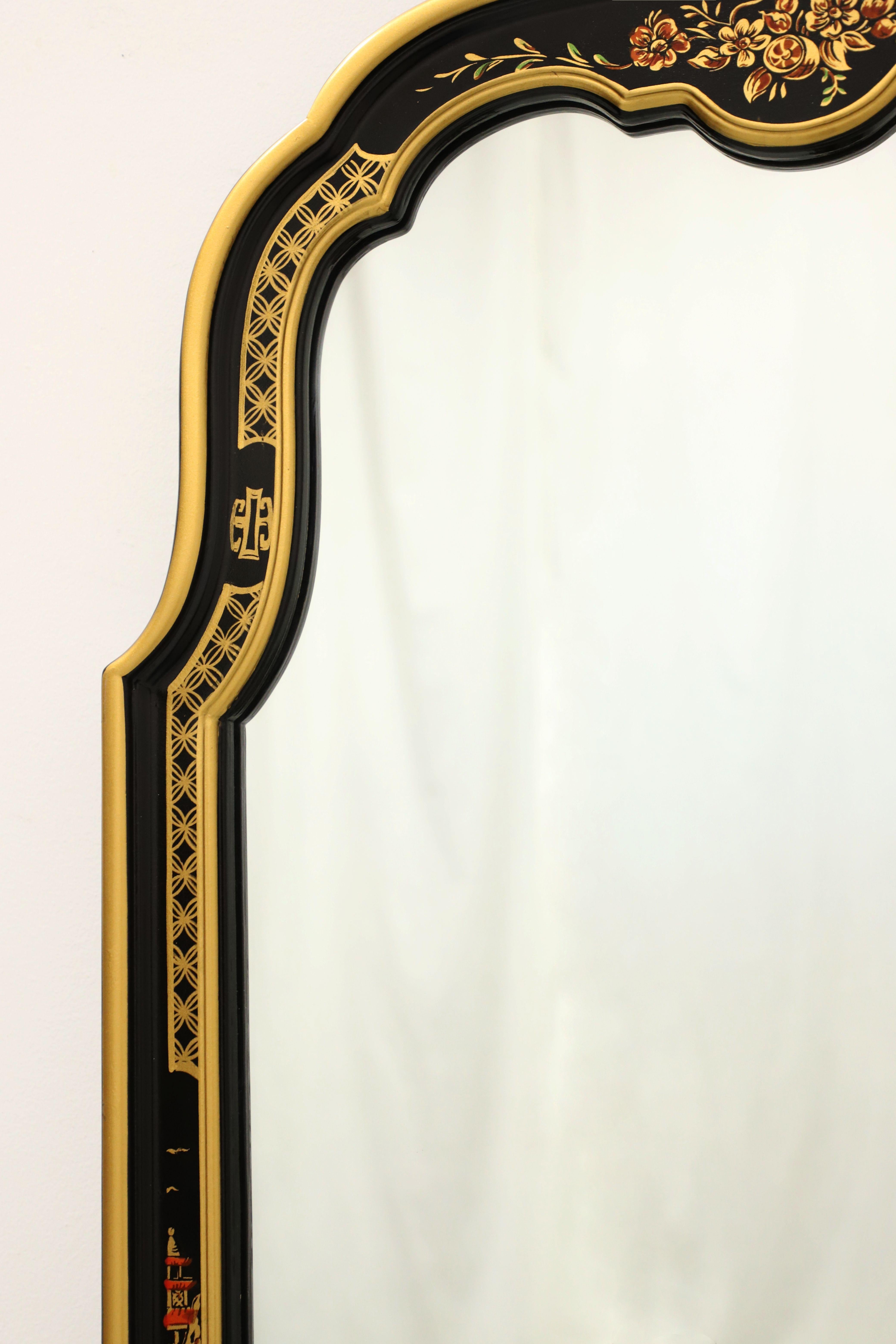 Late 20th Century Black Lacquer Hand Painted Chinoiserie Wall Mirror In Good Condition In Charlotte, NC
