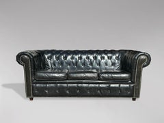 Late 20th Century, Black Leather 3 Seater Chesterfield Sofa