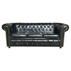 Late 20th Century, Black Leather 3 Seater Chesterfield Sofa
