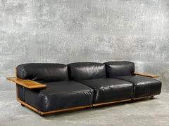 Late 20th Century Black Leather & Walnut Pianura Sectional Sofa by Mario Bellini