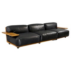 Late 20th Century Black Leather & Walnut Pianura Sectional Sofa by Mario Bellini