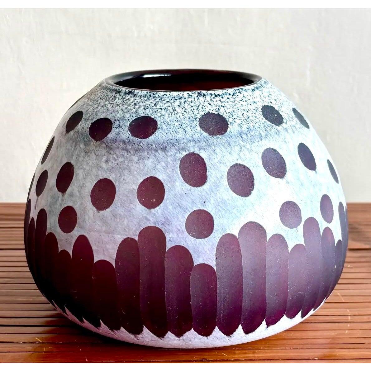 Art Deco Late 20th Century Boho Art Glass Vase With Frosted Dot & Stripe Design For Sale