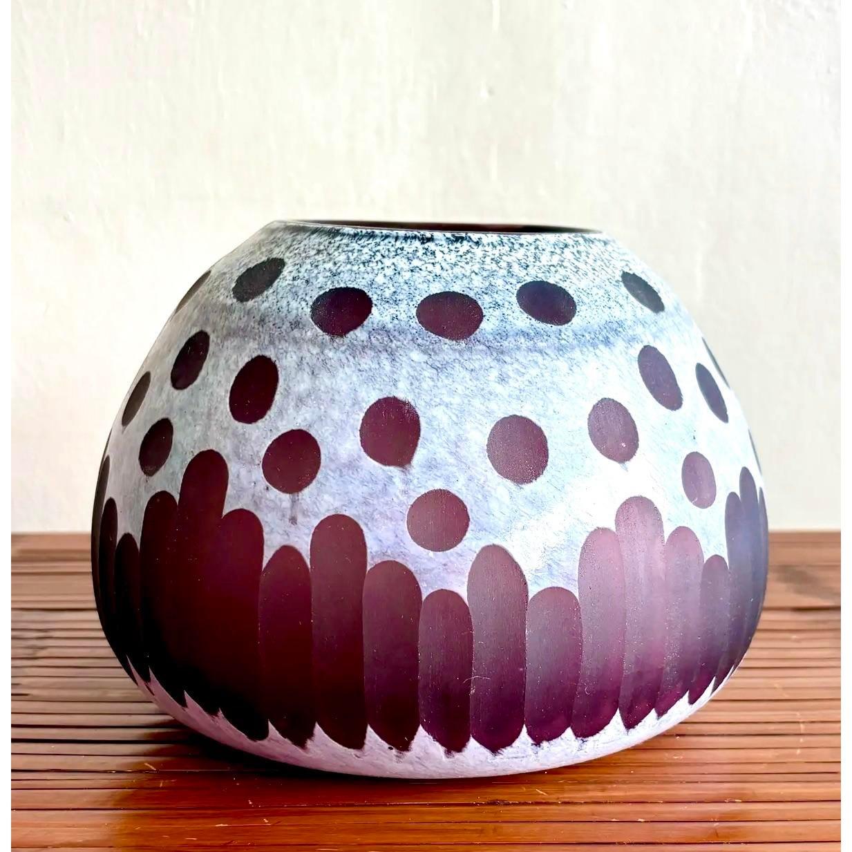 American Late 20th Century Boho Art Glass Vase With Frosted Dot & Stripe Design For Sale