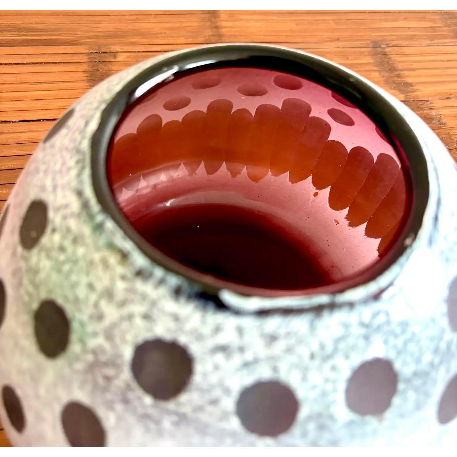 Late 20th Century Boho Art Glass Vase With Frosted Dot & Stripe Design In Good Condition For Sale In West Palm Beach, FL