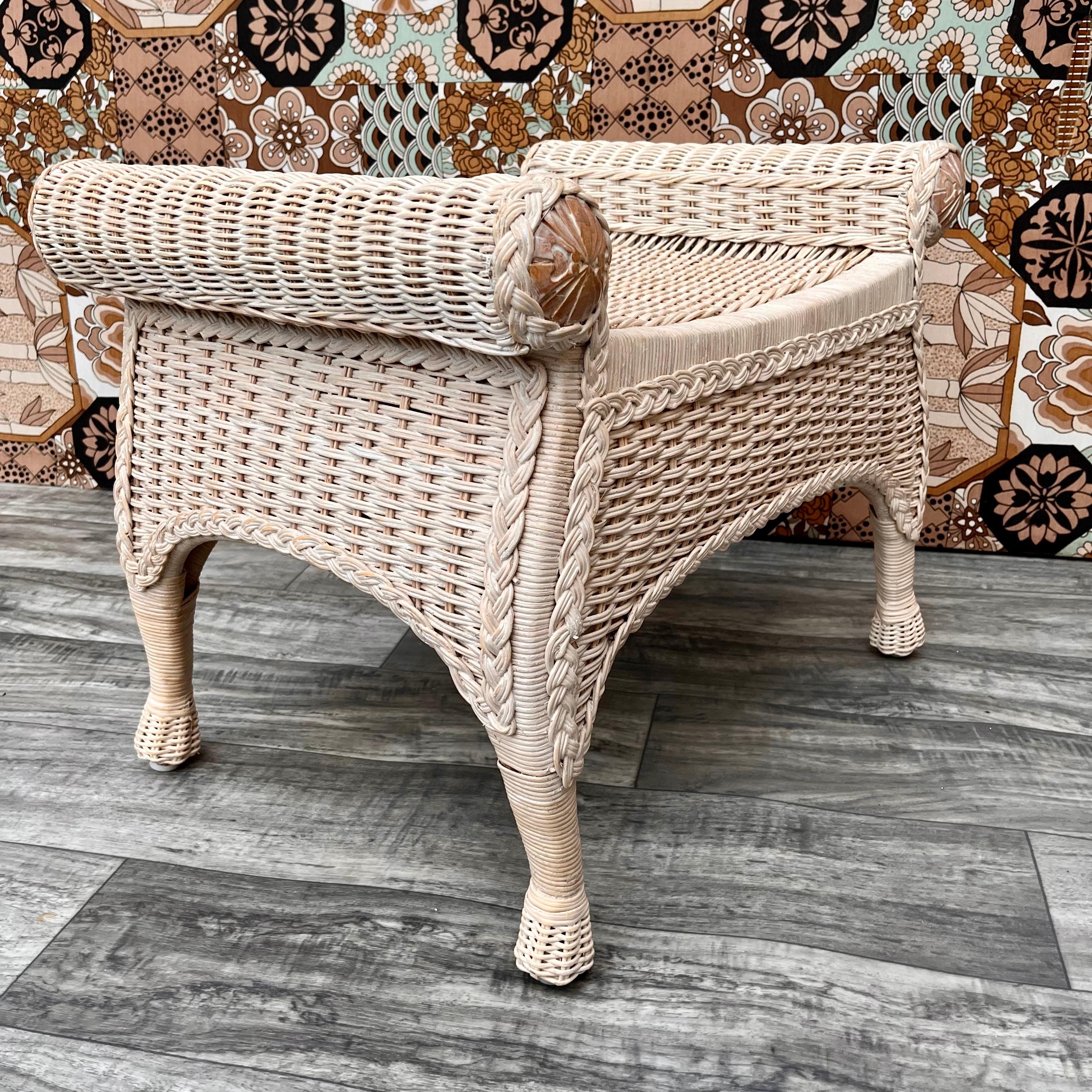 Late 20th Century Boho Chic Coastal Style Rattan Vanity Bench For Sale 5