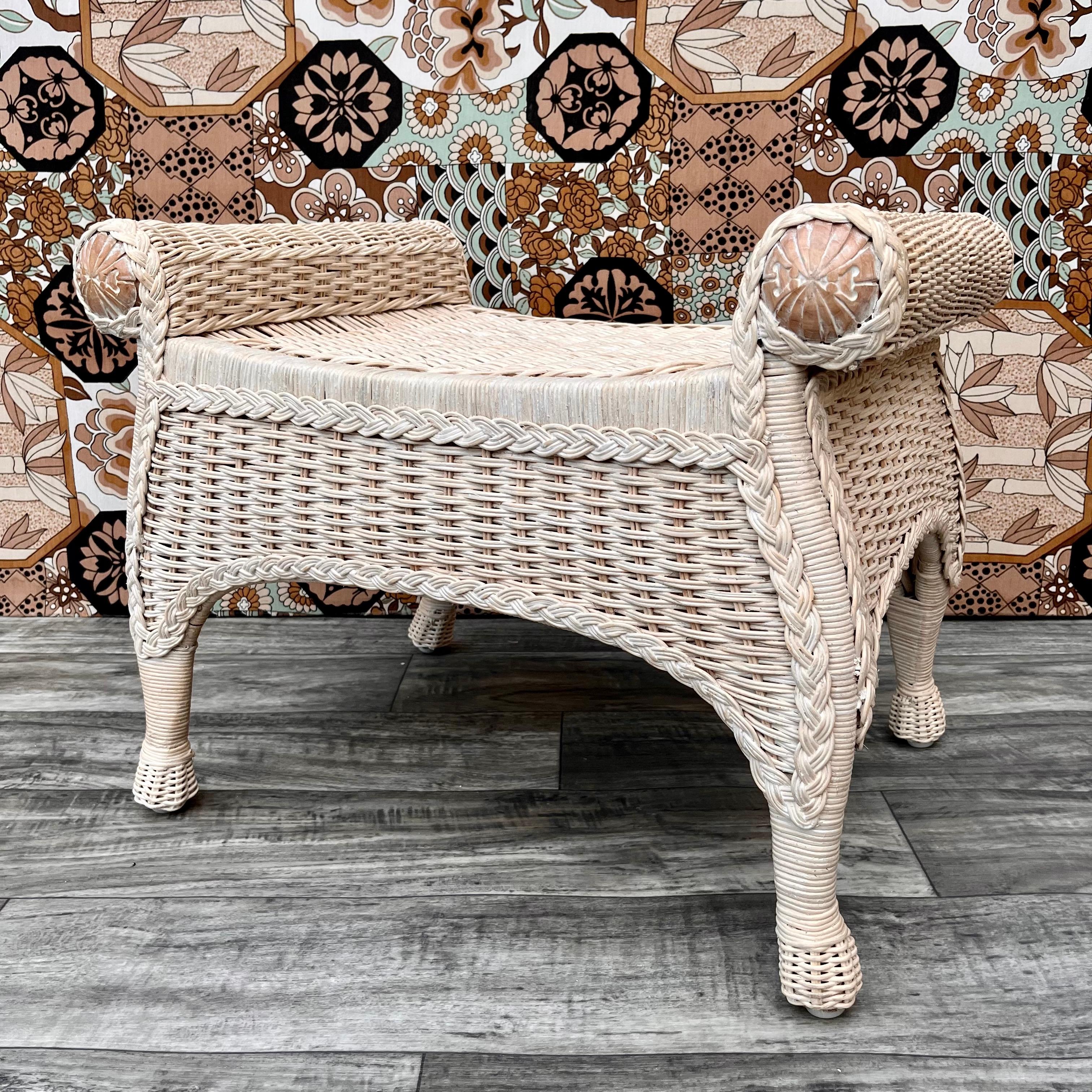 Vintage late 20th century Boho chic coastal style rattan vanity bench. Circa 1990s
Features a off white rattan body with carved wooden details on the scrolled ends.
In excellent near mint original condition with very minor signs of wear and age.
