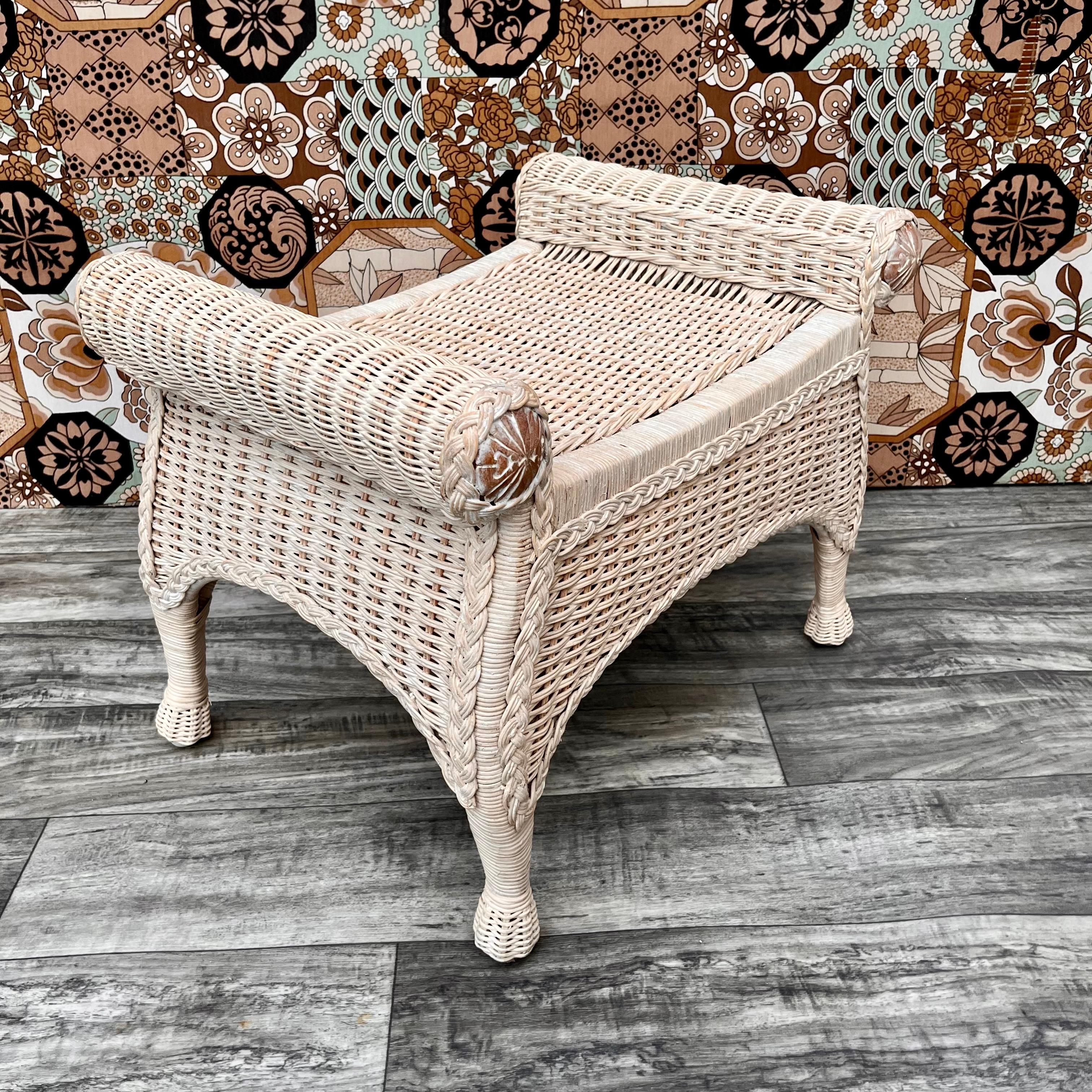 Unknown Late 20th Century Boho Chic Coastal Style Rattan Vanity Bench For Sale