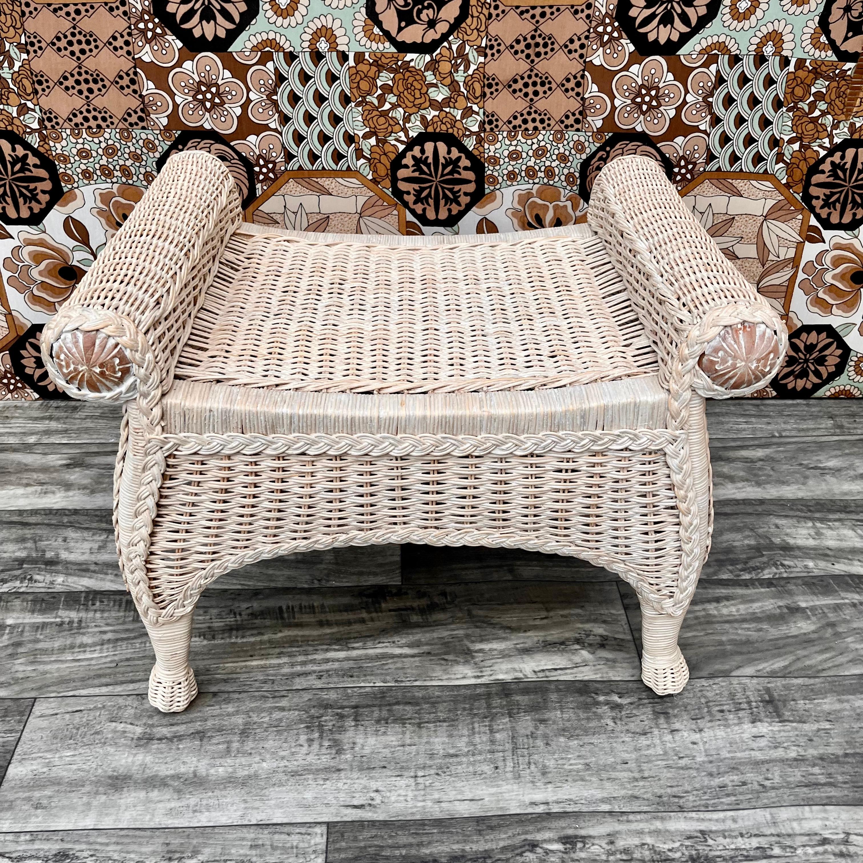 Late 20th Century Boho Chic Coastal Style Rattan Vanity Bench For Sale 1