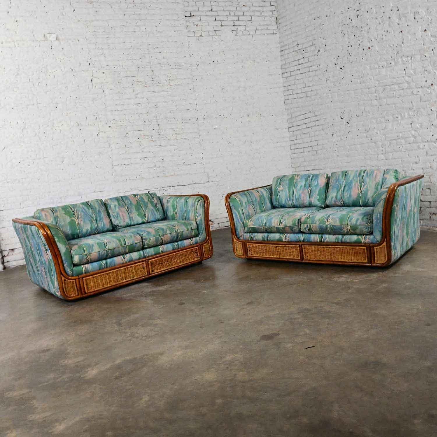 Late 20th Century Boho Chic Rattan & Wicker Tuxedo Style Upholstered Loveseats For Sale 3