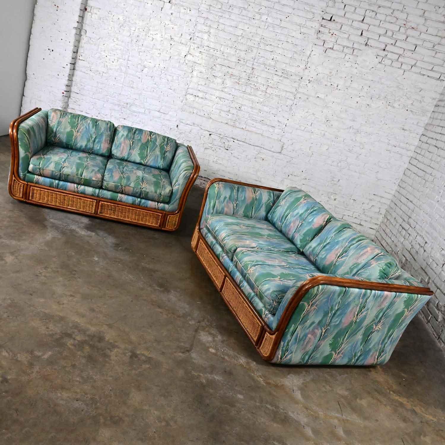 Late 20th Century Boho Chic Rattan & Wicker Tuxedo Style Upholstered Loveseats For Sale 3