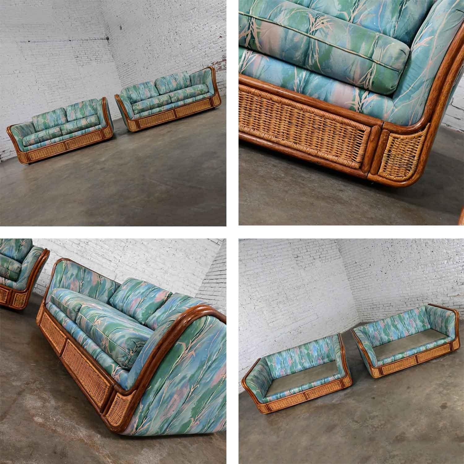 Late 20th Century Boho Chic Rattan & Wicker Tuxedo Style Upholstered Loveseats For Sale 4