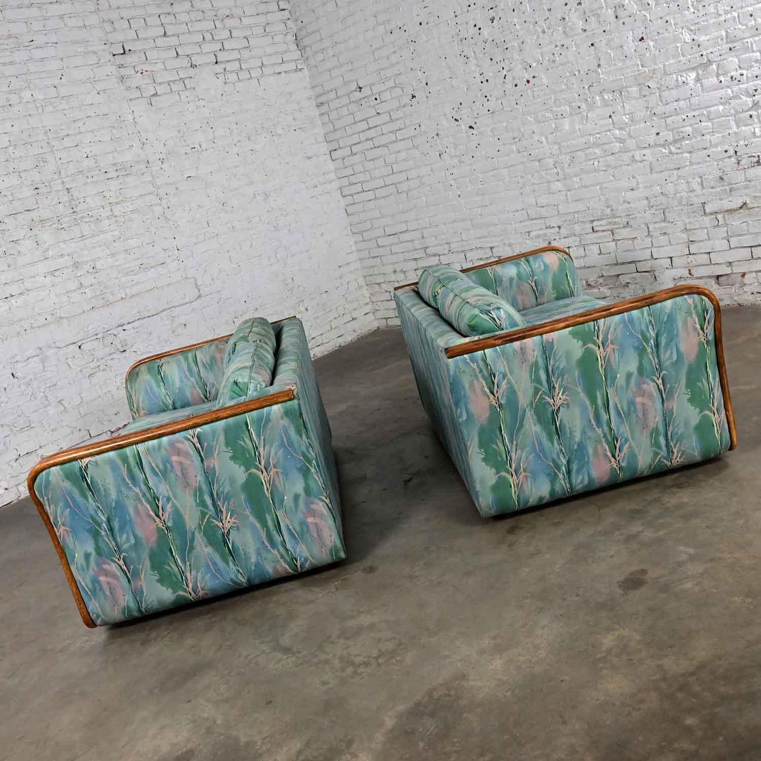 Late 20th Century Boho Chic Rattan & Wicker Tuxedo Style Upholstered Loveseats In Good Condition For Sale In Topeka, KS