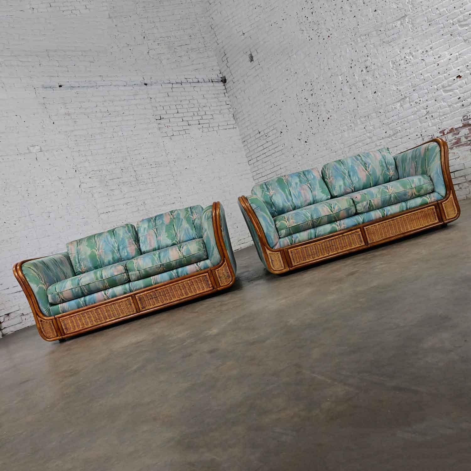 Late 20th Century Boho Chic Rattan & Wicker Tuxedo Style Upholstered Loveseats For Sale 1